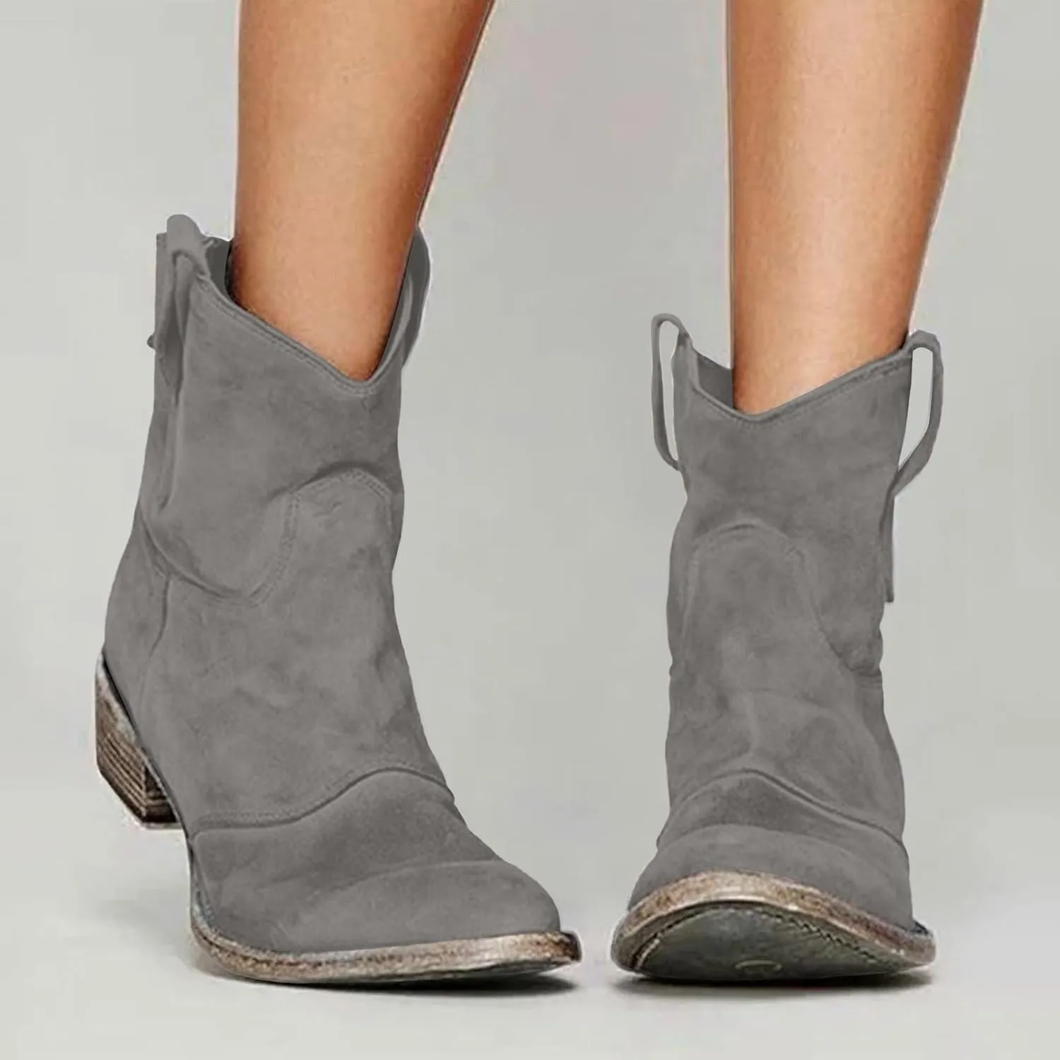 AMDBEL Fall Boots for Women 2024, Women's Ankle Boots Chunky Low Heel Suede Mid Calf Zipper Cowboy Boots Winter Booties