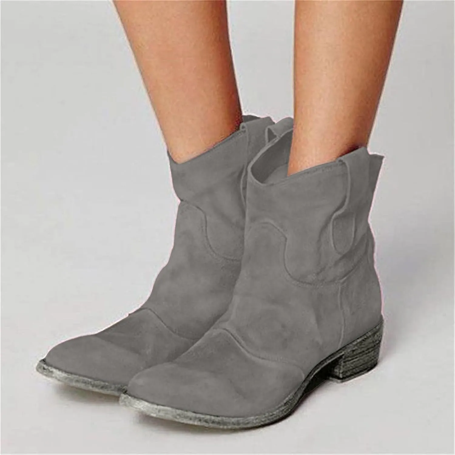 AMDBEL Fall Boots for Women 2024, Women's Ankle Boots Chunky Low Heel Suede Mid Calf Zipper Cowboy Boots Winter Booties