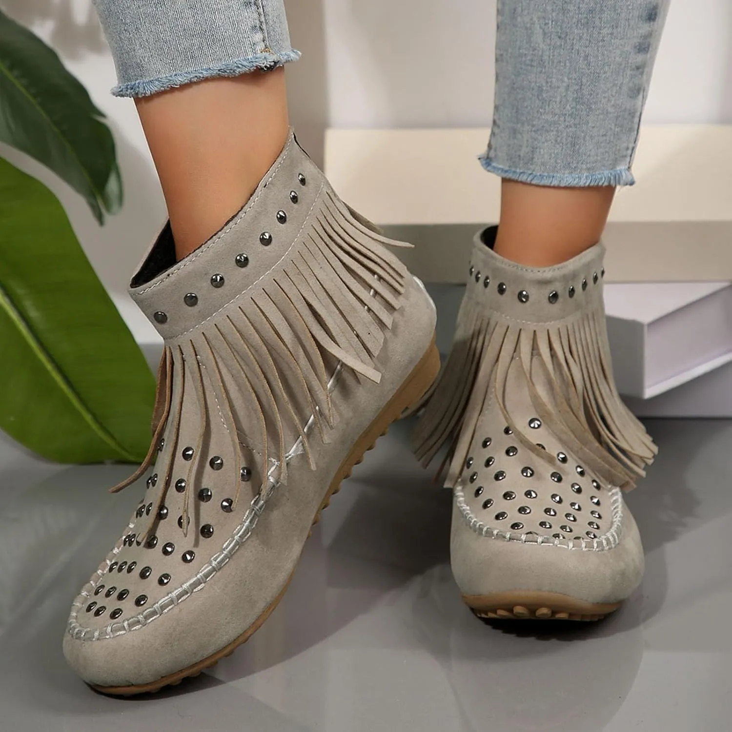 Ankle Boots for Women Flat Side Zip Vintage Womens Cowboy Boots Round Toe Fringe Buckle Straps Studded Western Cowboy Shoes