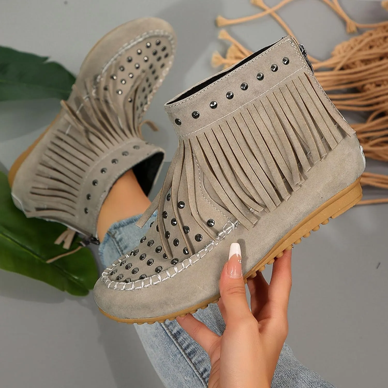 Ankle Boots for Women Flat Side Zip Vintage Womens Cowboy Boots Round Toe Fringe Buckle Straps Studded Western Cowboy Shoes