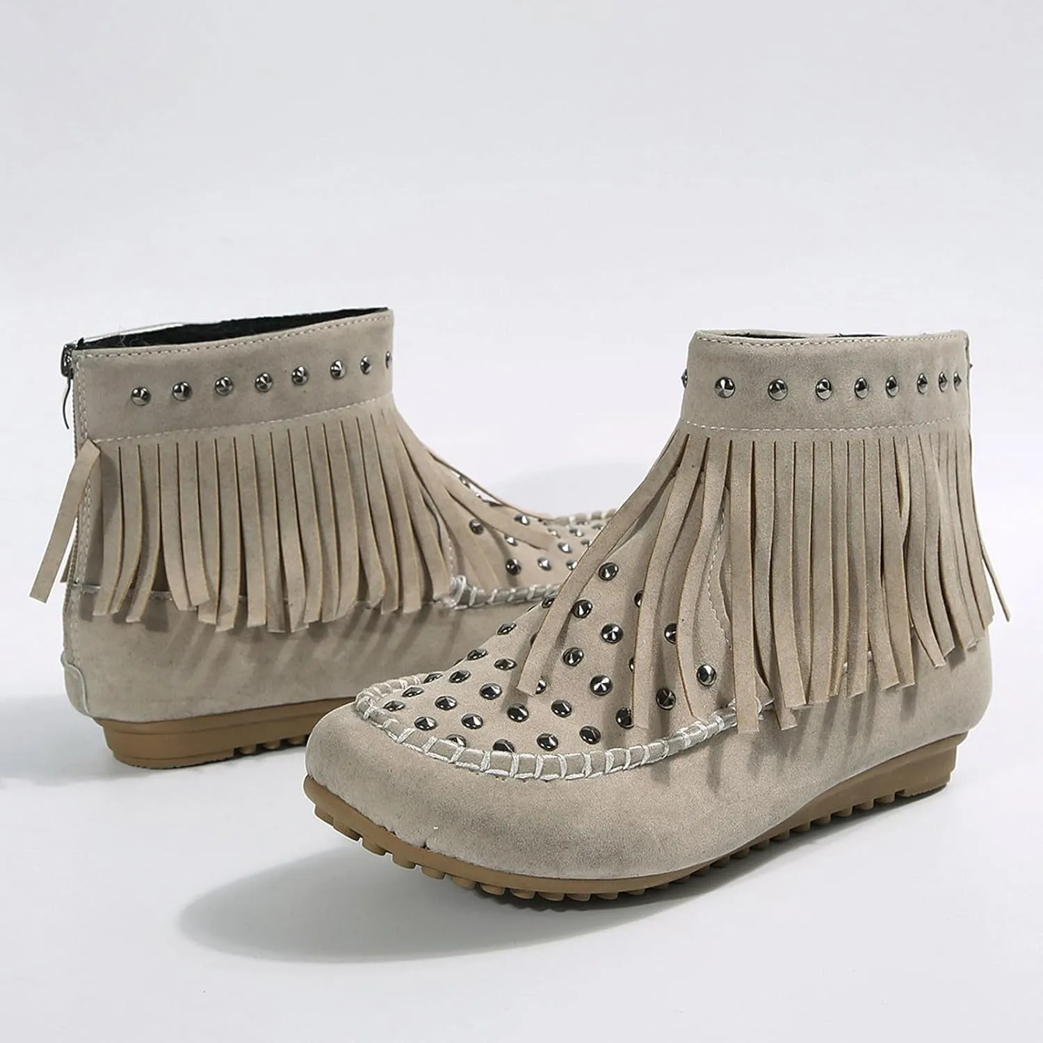 Ankle Boots for Women Flat Side Zip Vintage Womens Cowboy Boots Round Toe Fringe Buckle Straps Studded Western Cowboy Shoes