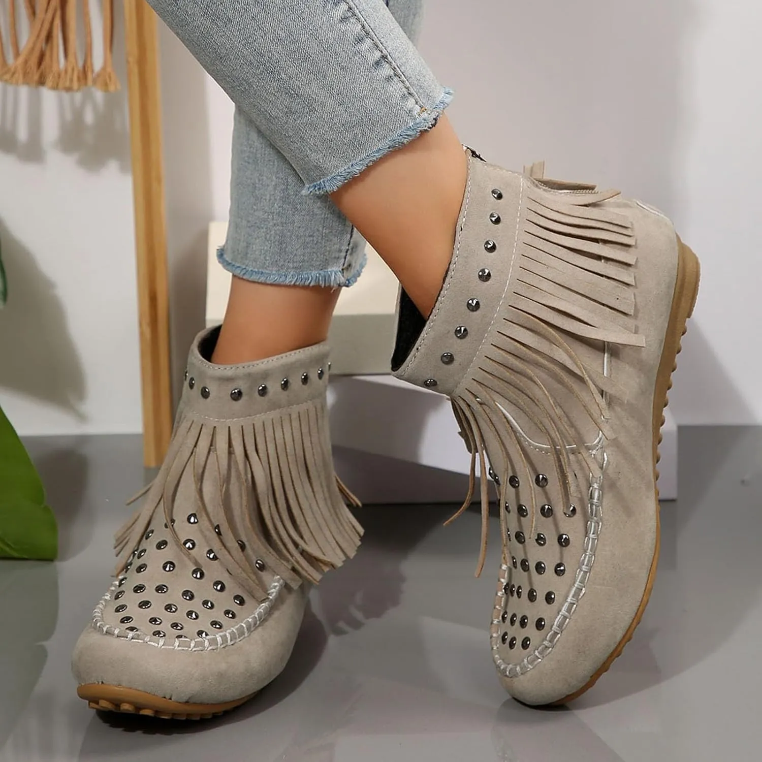 Ankle Boots for Women Flat Side Zip Vintage Womens Cowboy Boots Round Toe Fringe Buckle Straps Studded Western Cowboy Shoes