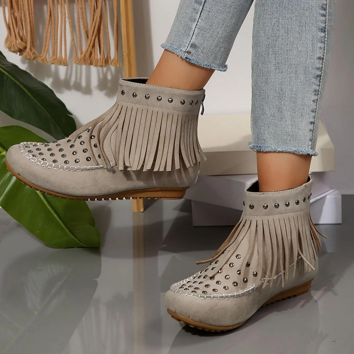 Ankle Boots for Women Flat Side Zip Vintage Womens Cowboy Boots Round Toe Fringe Buckle Straps Studded Western Cowboy Shoes