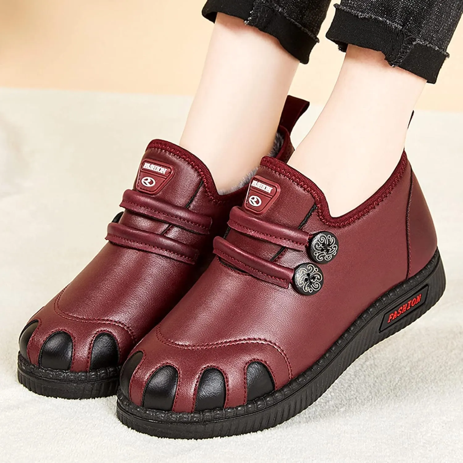 Ankle Boots Women WaterProof Winter Snow Boots for Women Cassic Warm Fur Lined Round Toe Flat Heel Fashion Sneakers Comfortable Shoes for Women Slip On Leather Loafers Soft Sole Arch Support