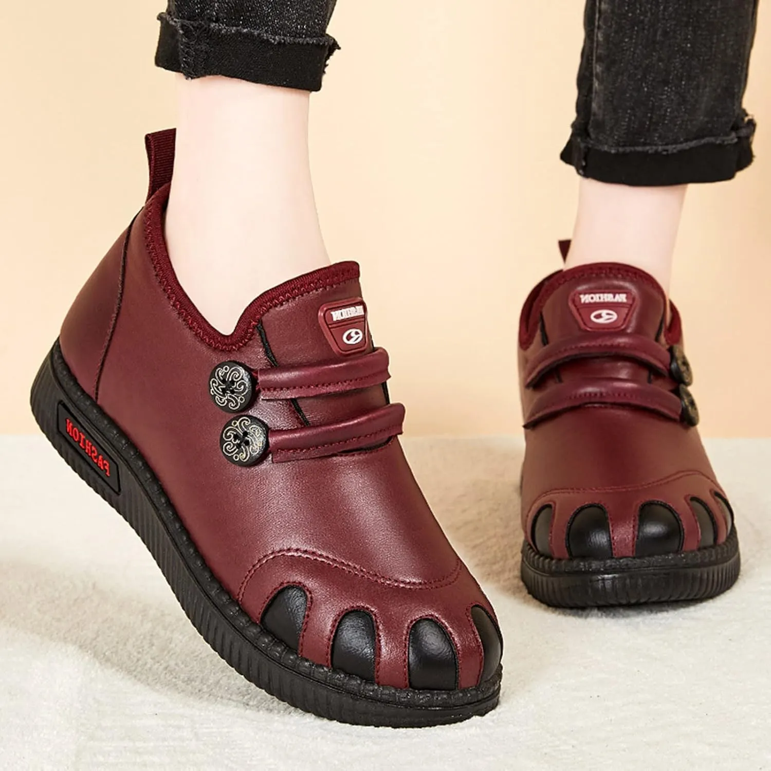 Ankle Boots Women WaterProof Winter Snow Boots for Women Cassic Warm Fur Lined Round Toe Flat Heel Fashion Sneakers Comfortable Shoes for Women Slip On Leather Loafers Soft Sole Arch Support