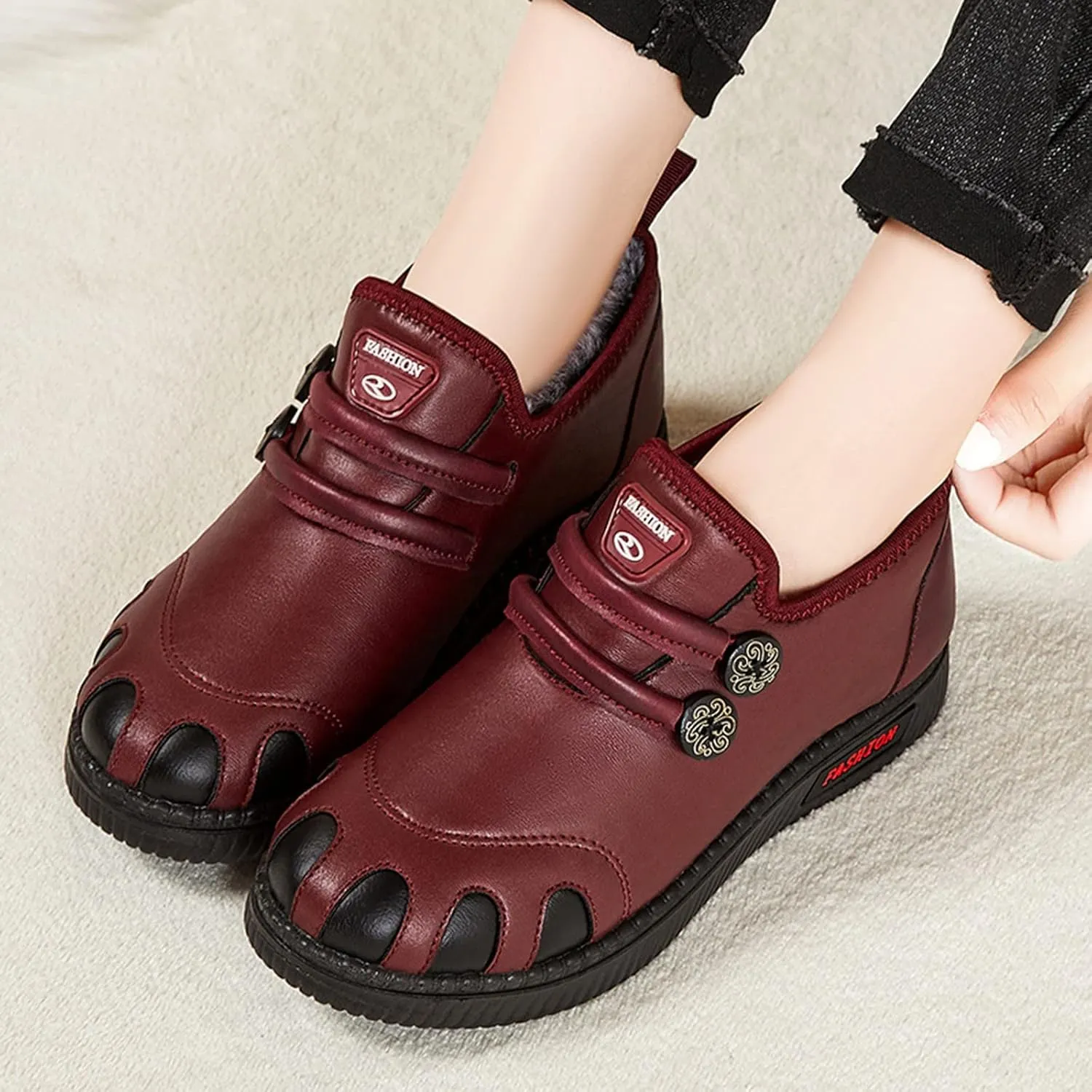 Ankle Boots Women WaterProof Winter Snow Boots for Women Cassic Warm Fur Lined Round Toe Flat Heel Fashion Sneakers Comfortable Shoes for Women Slip On Leather Loafers Soft Sole Arch Support