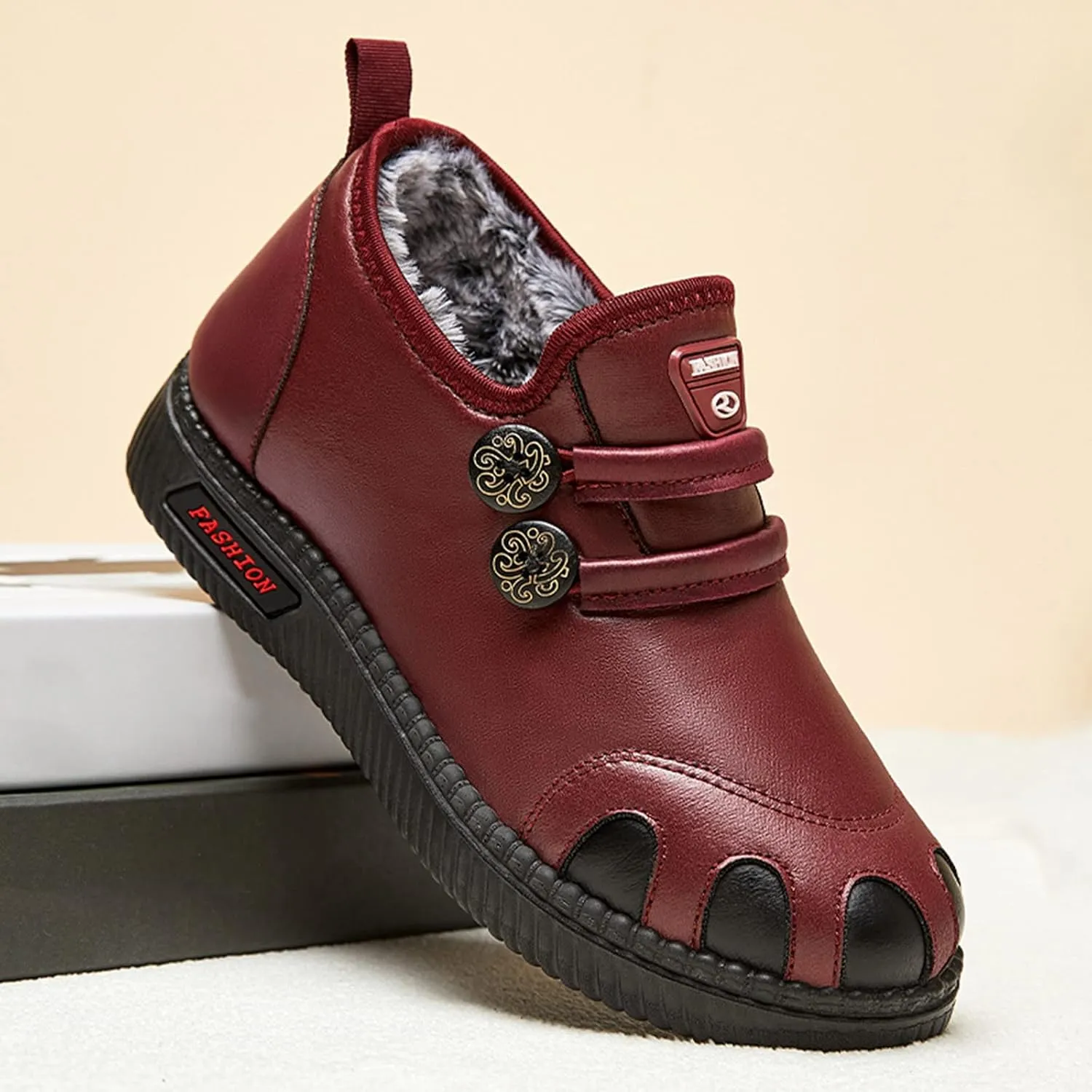 Ankle Boots Women WaterProof Winter Snow Boots for Women Cassic Warm Fur Lined Round Toe Flat Heel Fashion Sneakers Comfortable Shoes for Women Slip On Leather Loafers Soft Sole Arch Support