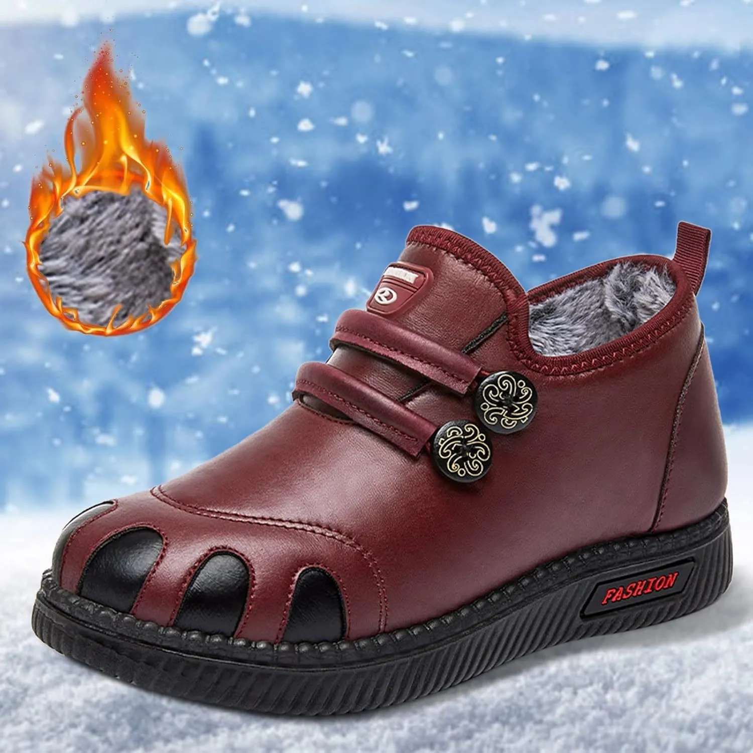 Ankle Boots Women WaterProof Winter Snow Boots for Women Cassic Warm Fur Lined Round Toe Flat Heel Fashion Sneakers Comfortable Shoes for Women Slip On Leather Loafers Soft Sole Arch Support