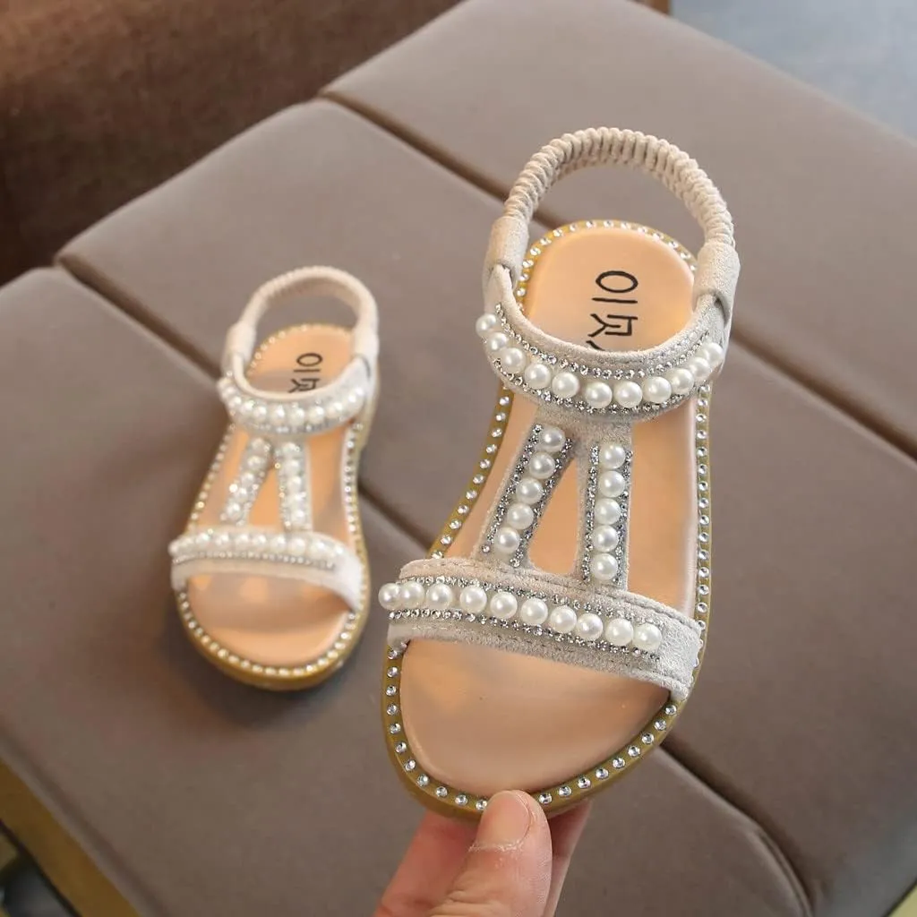 Baby Toddler T Sandals with Pearl Girls Dress Shoes Wedding Party Open Toe Glitter for Toddler Girl Summer Shoes