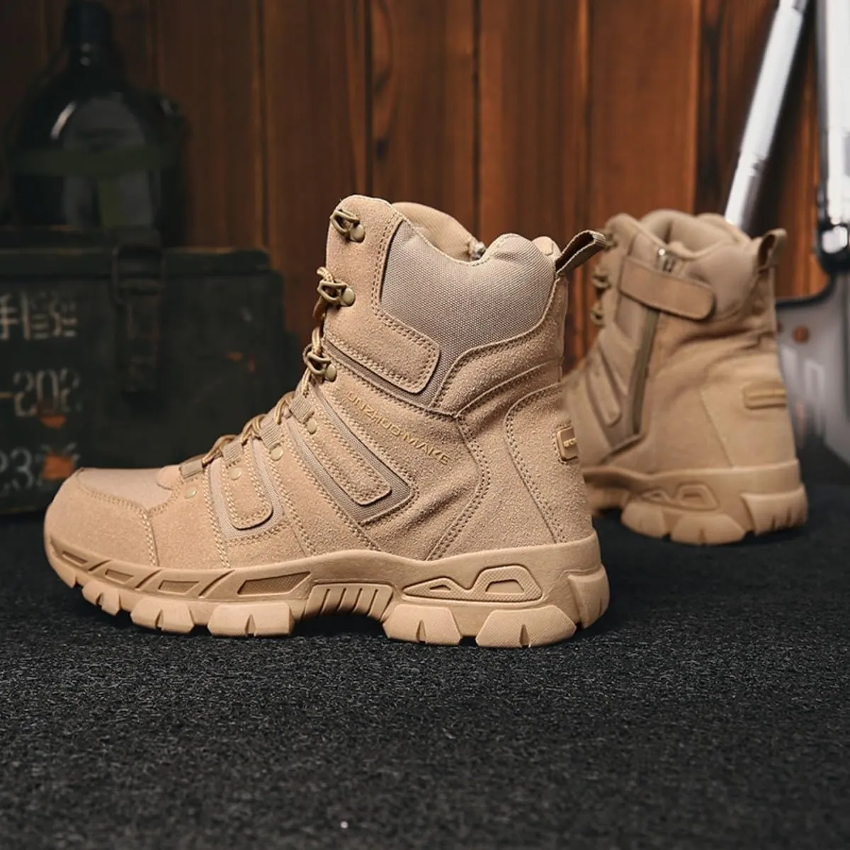Bitiger Men's Combat Boots with Side Zipper Velcro and Casual Outdoor Mountaineering Trekking Commando Tactical Boots