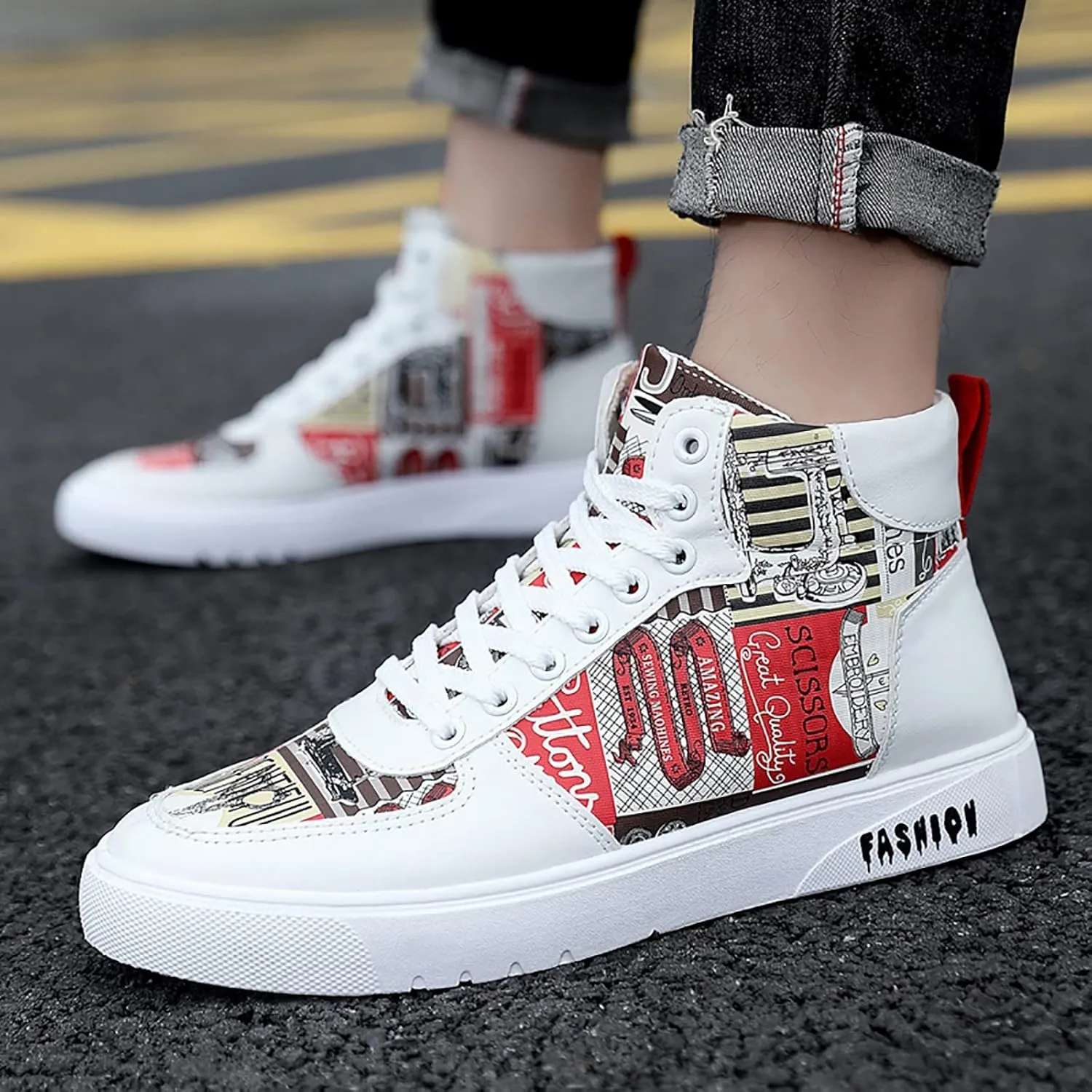 BORAMAX Men's White Canvas Shoes High Top Canvas Sneakers Classic Lace-Up Walking Shoes Light-Weight Casual Shoe Tennis Shoes
