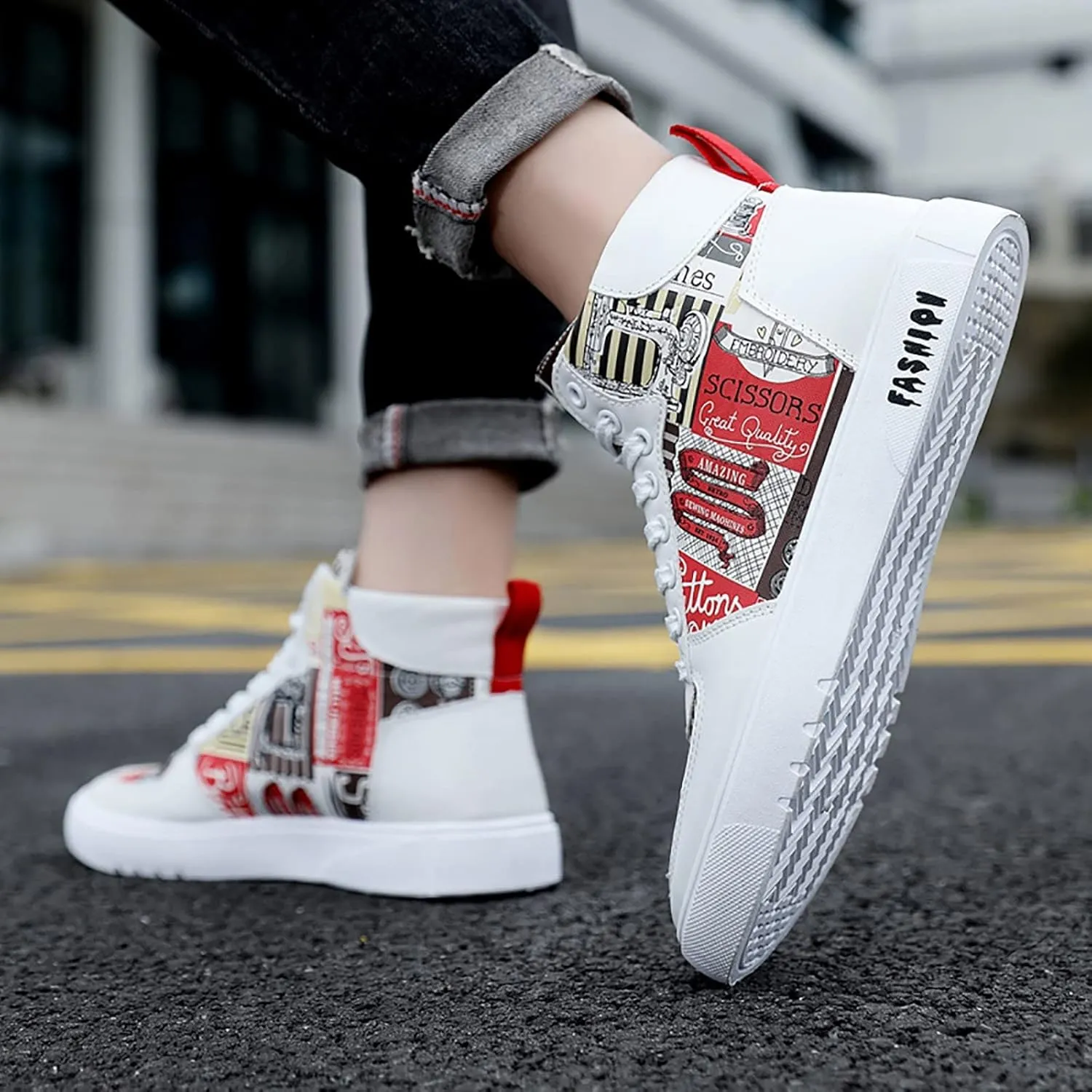 BORAMAX Men's White Canvas Shoes High Top Canvas Sneakers Classic Lace-Up Walking Shoes Light-Weight Casual Shoe Tennis Shoes