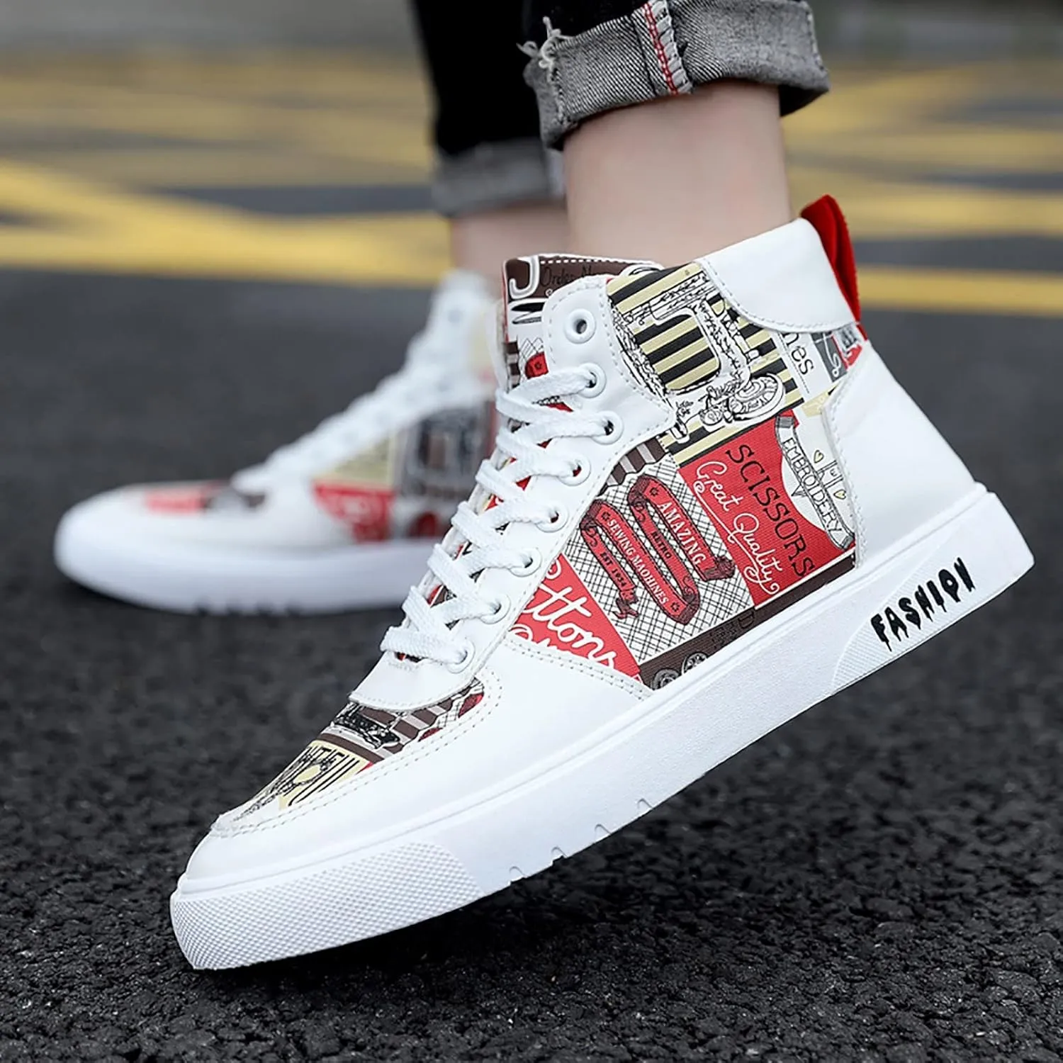 BORAMAX Men's White Canvas Shoes High Top Canvas Sneakers Classic Lace-Up Walking Shoes Light-Weight Casual Shoe Tennis Shoes