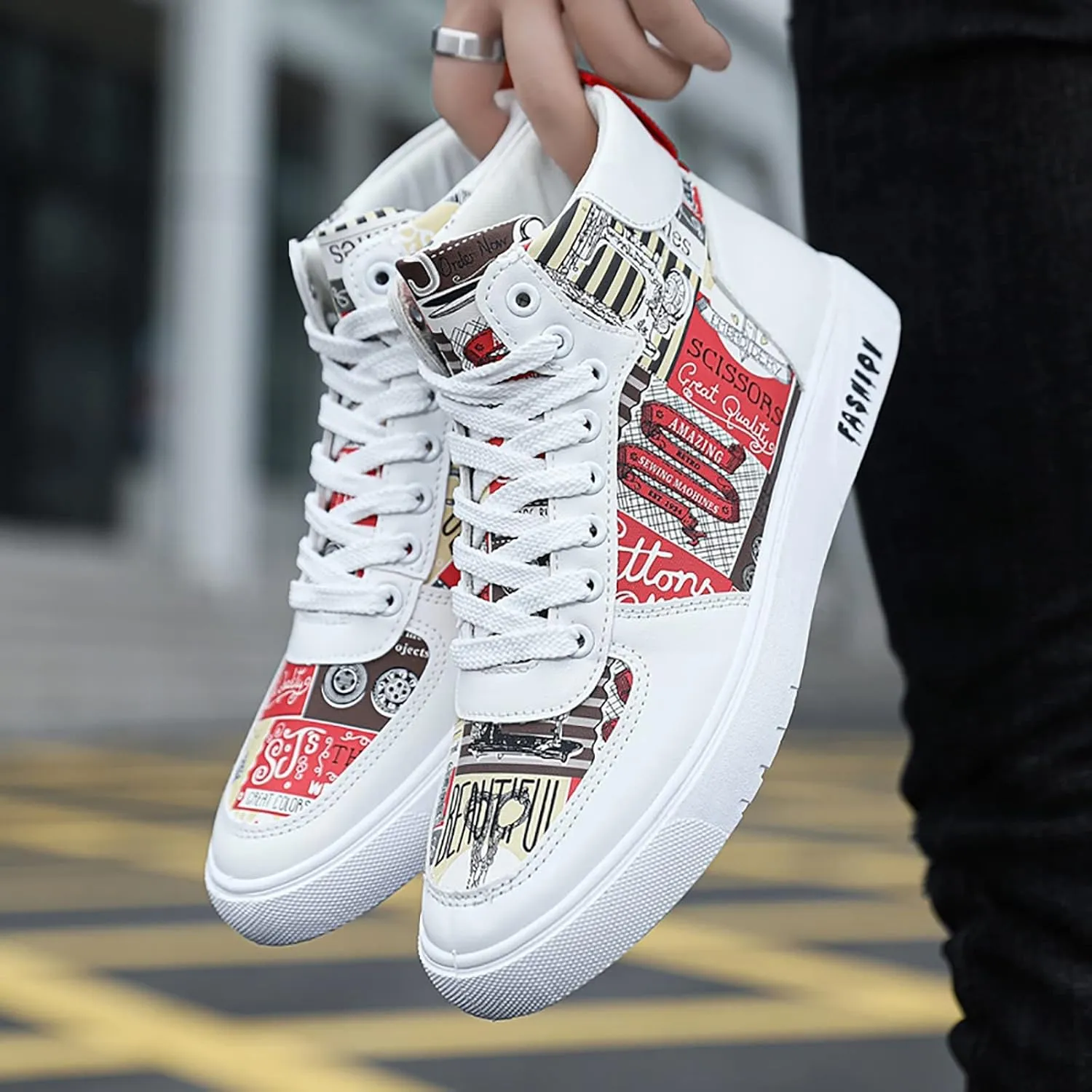 BORAMAX Men's White Canvas Shoes High Top Canvas Sneakers Classic Lace-Up Walking Shoes Light-Weight Casual Shoe Tennis Shoes