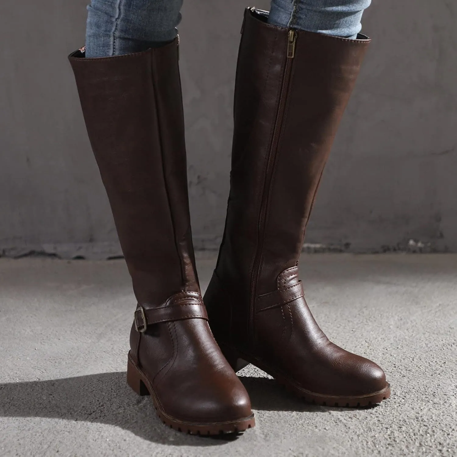 Cowboy Boots for Women Wide Width Boot Leather Boots Mid Calf Slouchy Round Toe Vintage Booties Winter Dressy Shoes