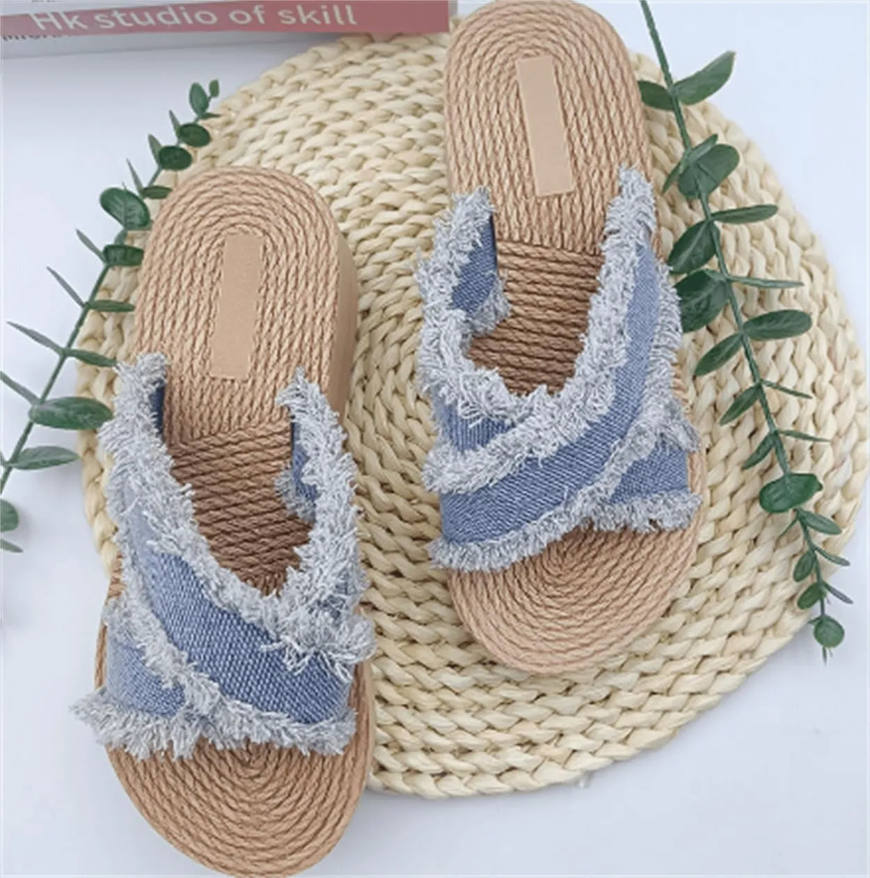 Denim Slipper Slide Sandals For Women with Cross Design & Straw Sole Fashionable Indoor & Outdoor Comfort Step into Style