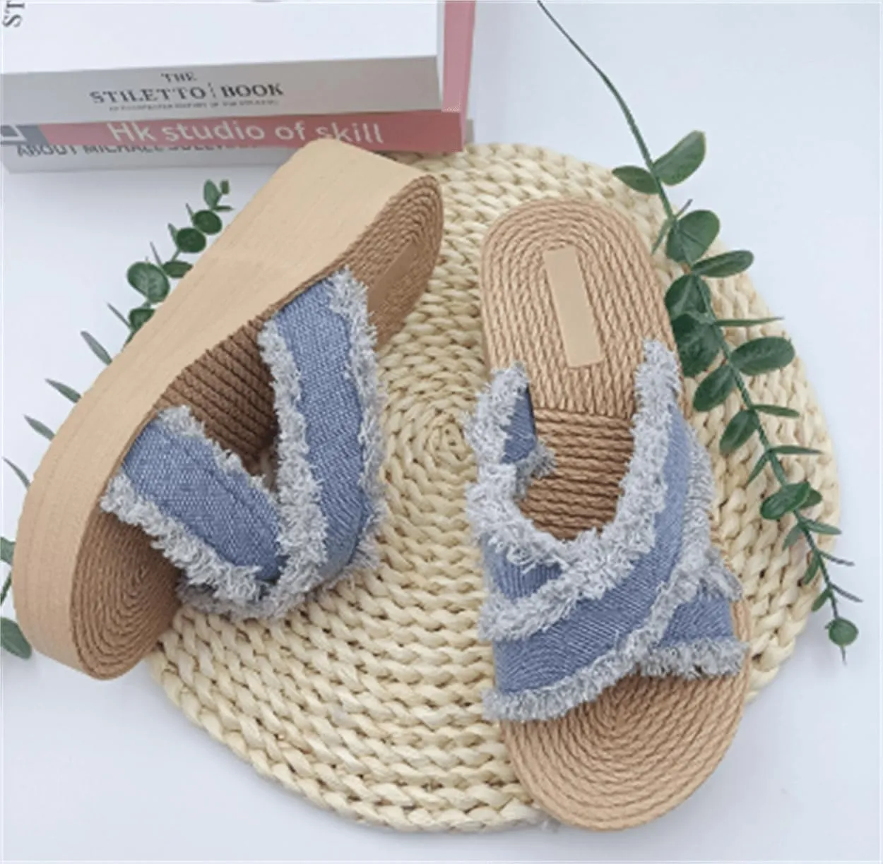 Denim Slipper Slide Sandals For Women with Cross Design & Straw Sole Fashionable Indoor & Outdoor Comfort Step into Style