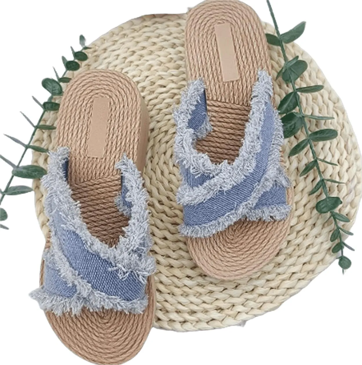Denim Slipper Slide Sandals For Women with Cross Design & Straw Sole Fashionable Indoor & Outdoor Comfort Step into Style