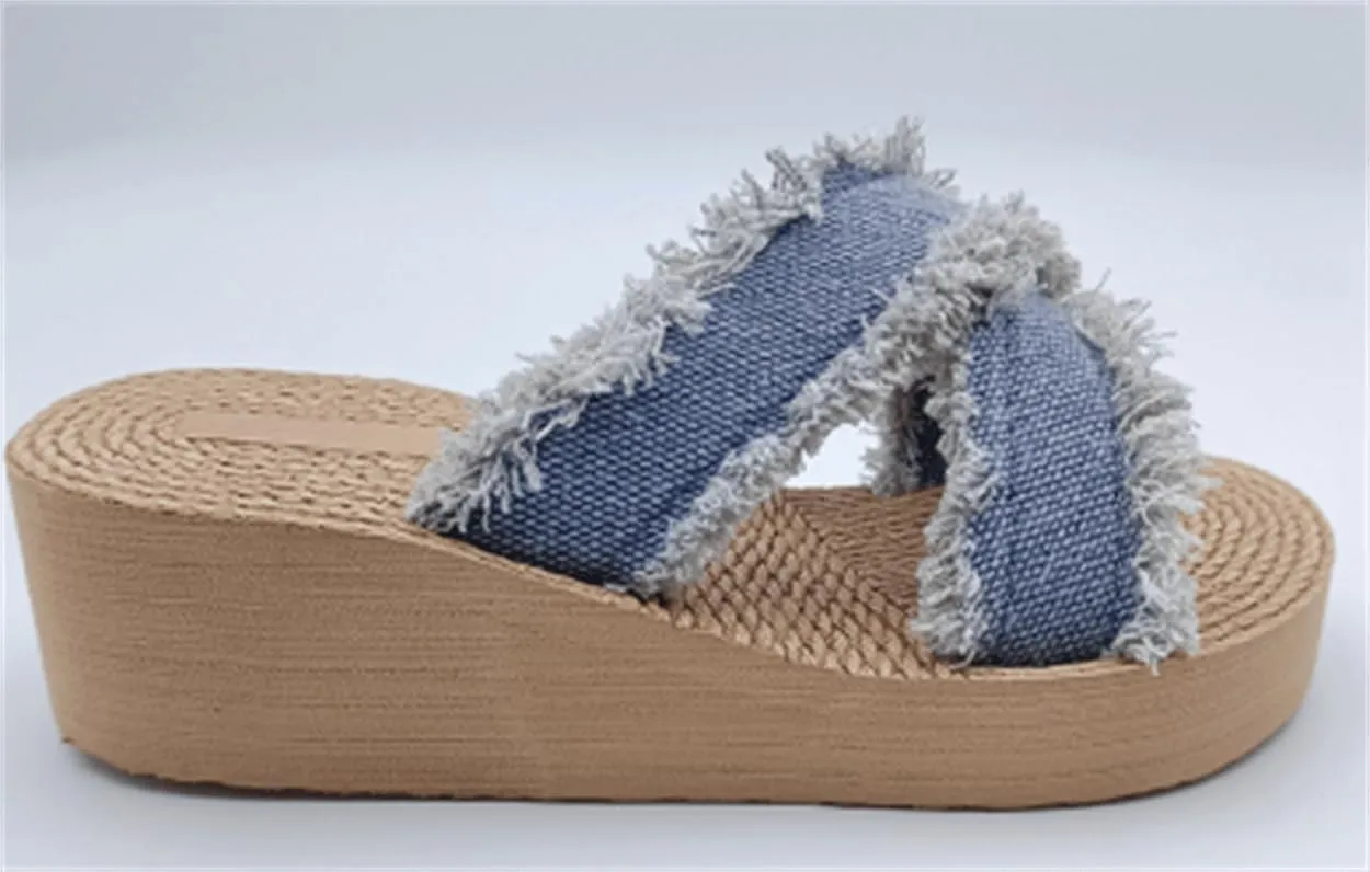 Denim Slipper Slide Sandals For Women with Cross Design & Straw Sole Fashionable Indoor & Outdoor Comfort Step into Style