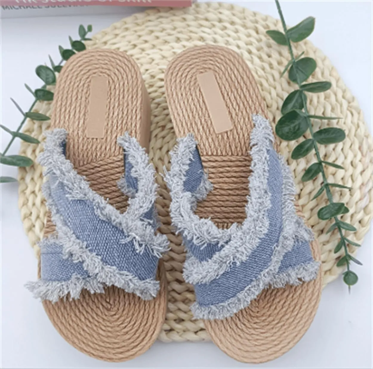 Denim Slipper Slide Sandals For Women with Cross Design & Straw Sole Fashionable Indoor & Outdoor Comfort Step into Style