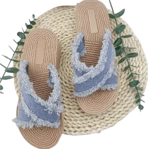 Denim Slipper Slide Sandals For Women with Cross Design & Straw Sole Fashionable Indoor & Outdoor Comfort Step into Style