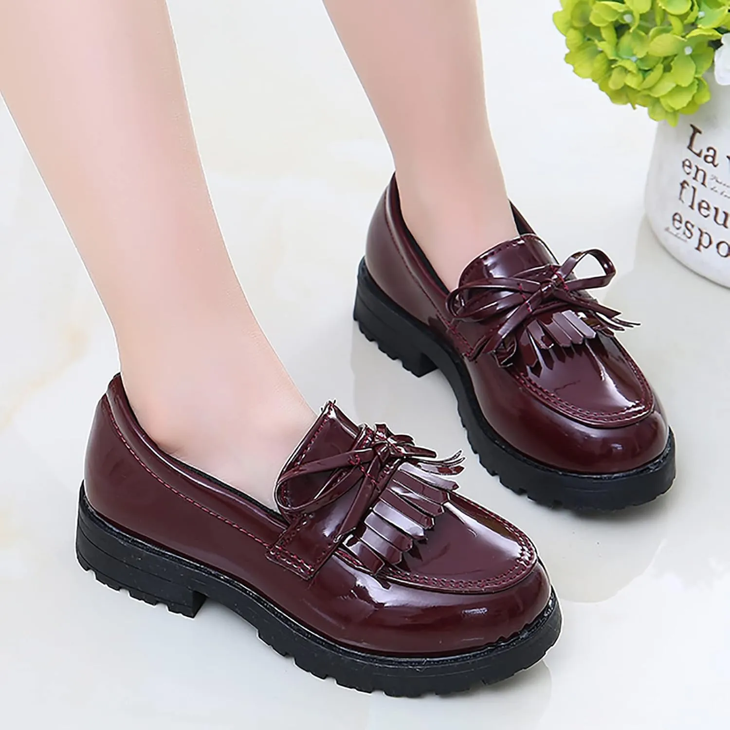 EnJoCho Casual Shoes for Kids Girls Slip On Leather Loafer Tassel Bow Flats School Dress Shoes For Girls Shoes