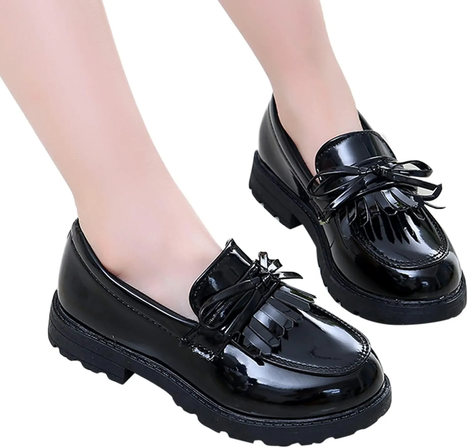 EnJoCho Casual Shoes for Kids Girls Slip On Leather Loafer Tassel Bow Flats School Dress Shoes For Girls Shoes