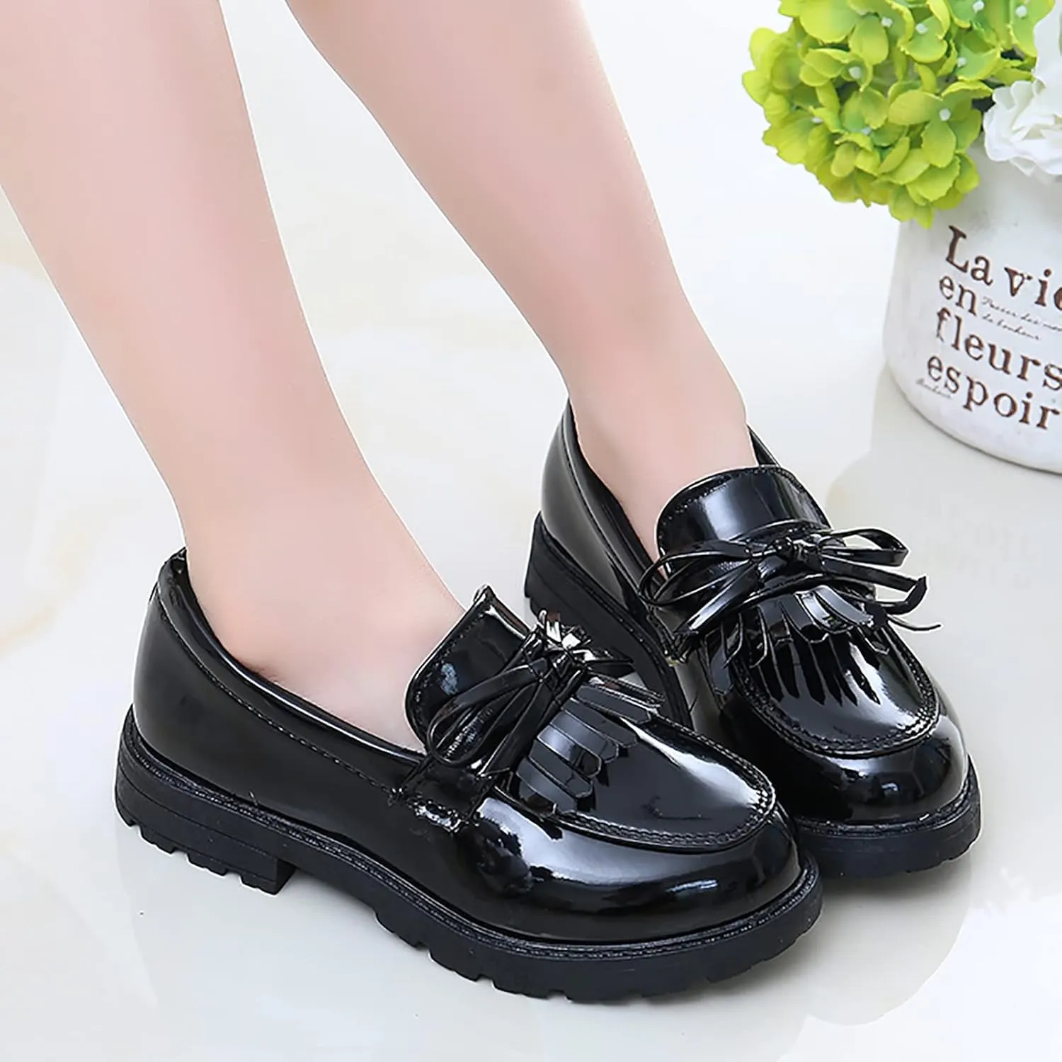 EnJoCho Casual Shoes for Kids Girls Slip On Leather Loafer Tassel Bow Flats School Dress Shoes For Girls Shoes