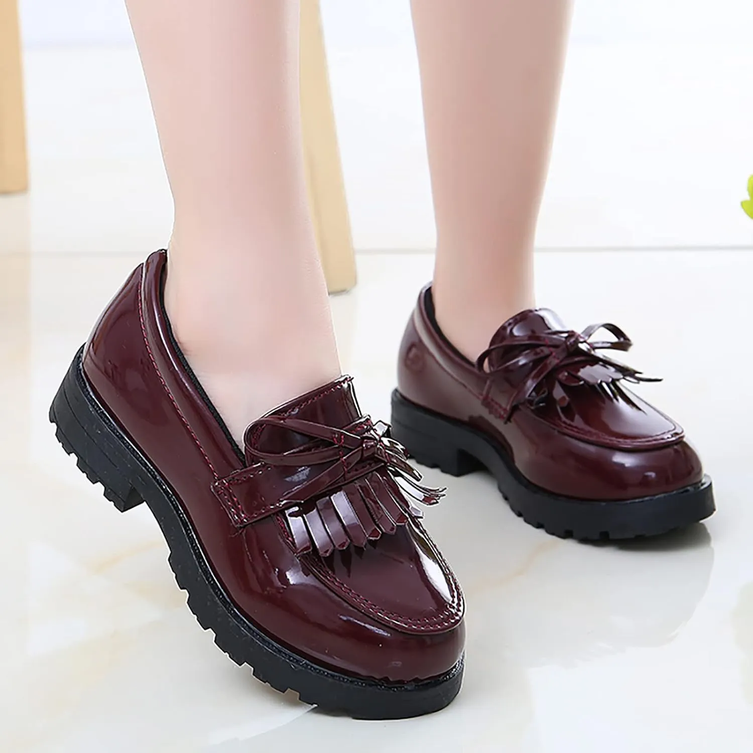 EnJoCho Casual Shoes for Kids Girls Slip On Leather Loafer Tassel Bow Flats School Dress Shoes For Girls Shoes