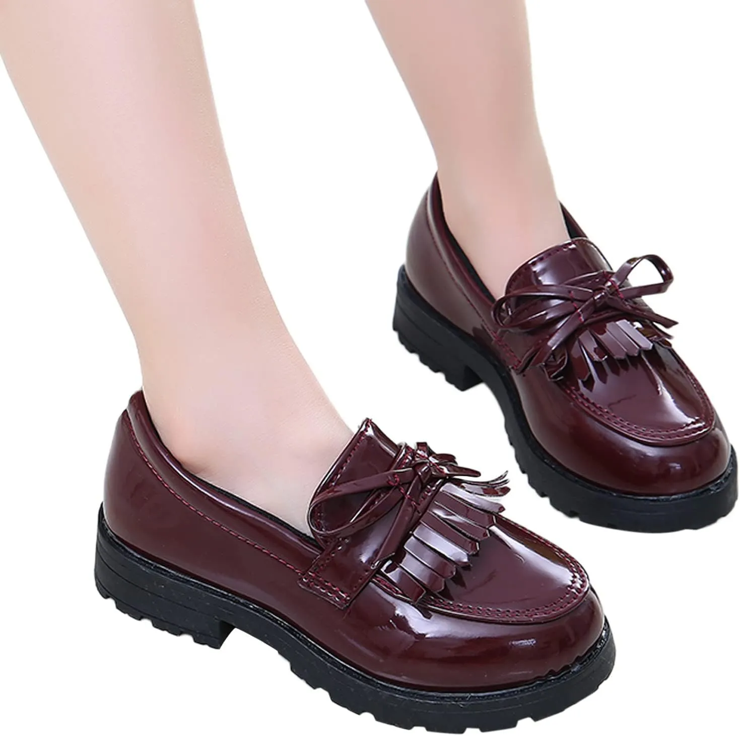 EnJoCho Casual Shoes for Kids Girls Slip On Leather Loafer Tassel Bow Flats School Dress Shoes For Girls Shoes