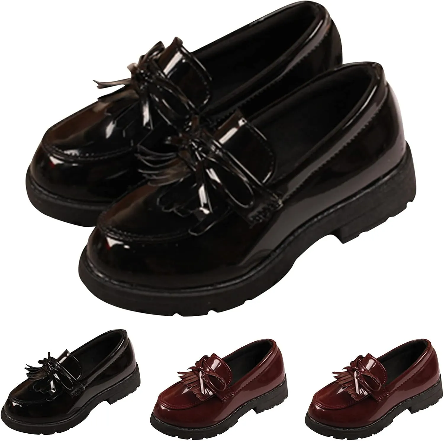 EnJoCho Casual Shoes for Kids Girls Slip On Leather Loafer Tassel Bow Flats School Dress Shoes For Girls Shoes