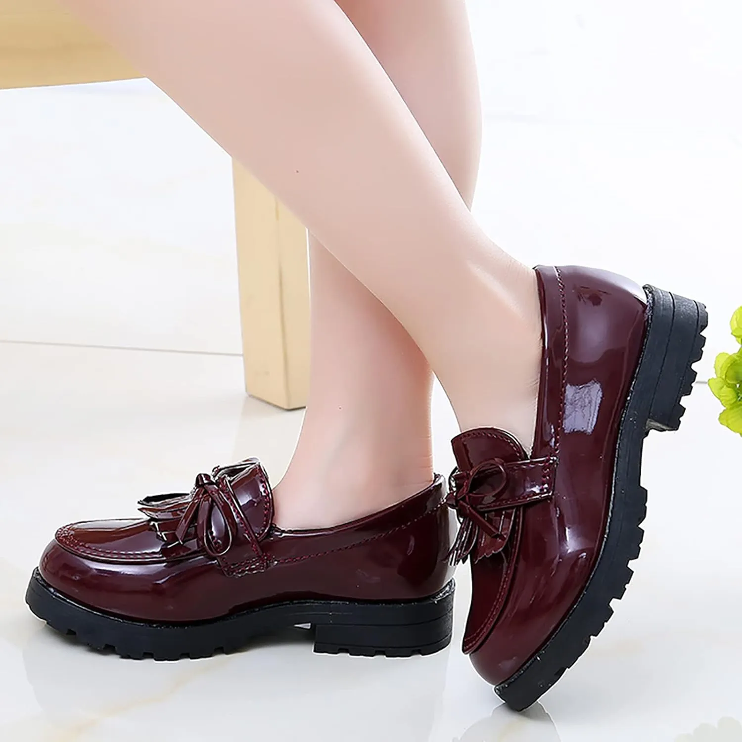 EnJoCho Casual Shoes for Kids Girls Slip On Leather Loafer Tassel Bow Flats School Dress Shoes For Girls Shoes