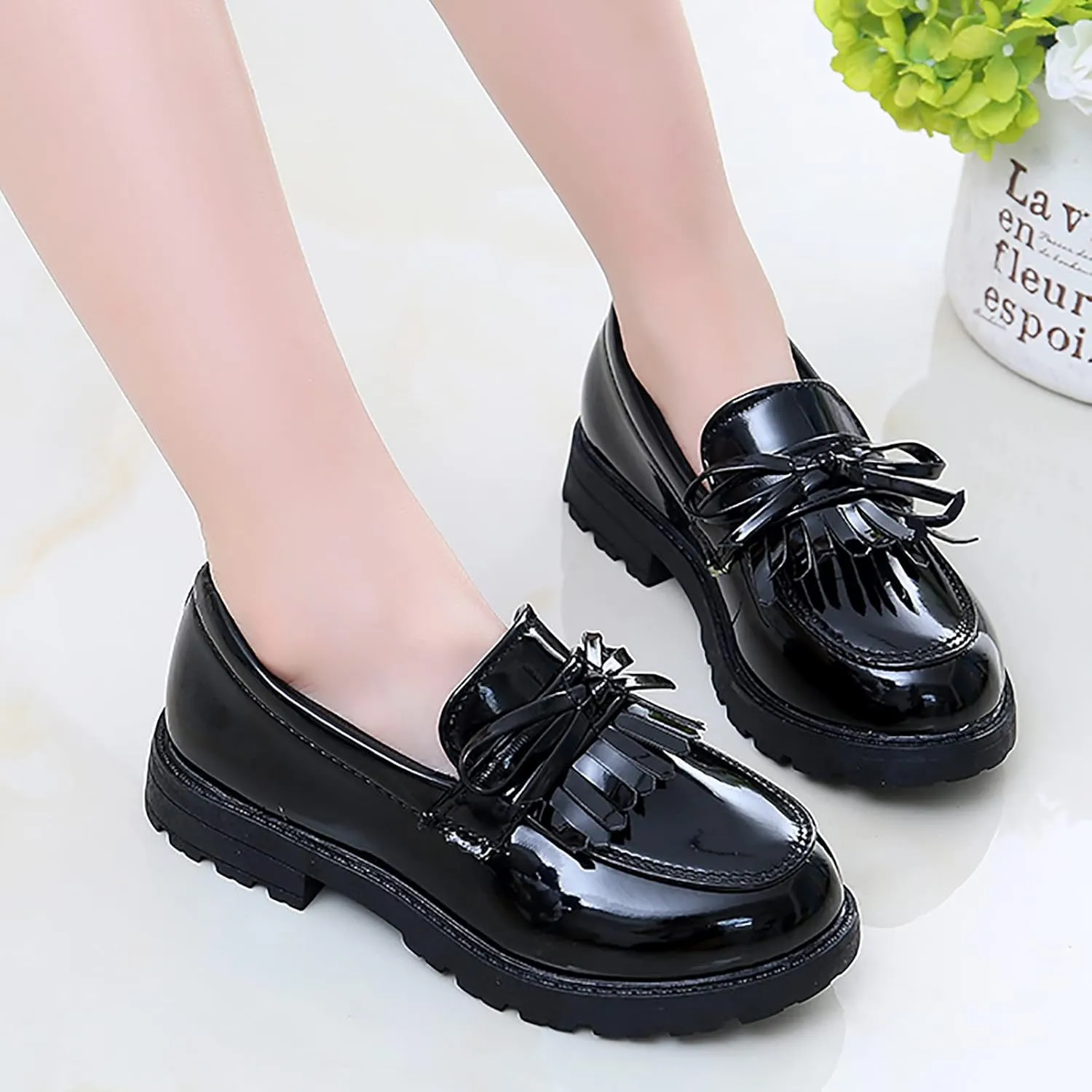EnJoCho Casual Shoes for Kids Girls Slip On Leather Loafer Tassel Bow Flats School Dress Shoes For Girls Shoes