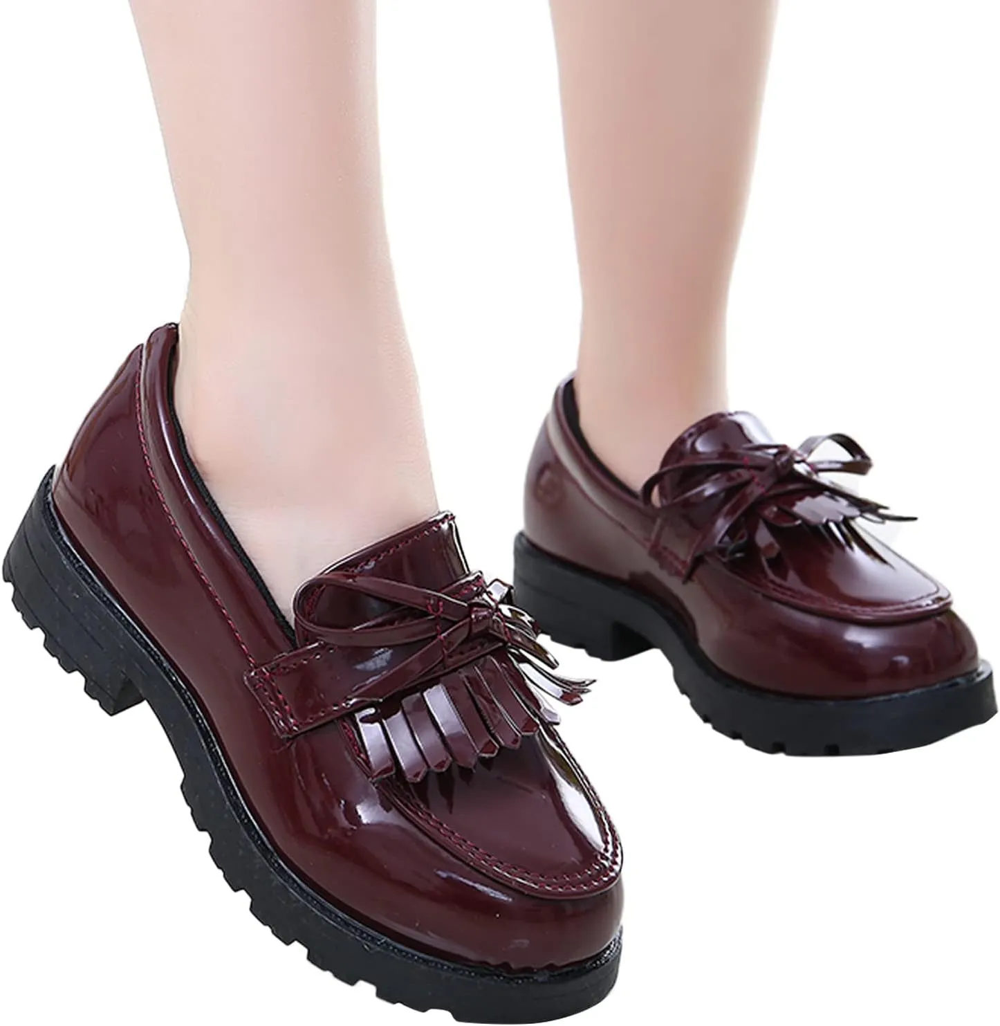 EnJoCho Casual Shoes for Kids Girls Slip On Leather Loafer Tassel Bow Flats School Dress Shoes For Girls Shoes