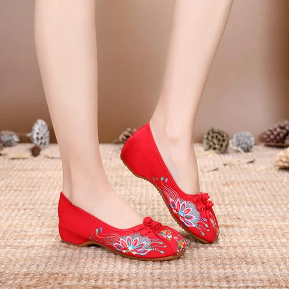 Floral Embroidered Shoes for Women Comfortable Round Toe Loafer Casual Mary Jane Ballet Flats Women's Handmade Flower Soft Canvas Shoes