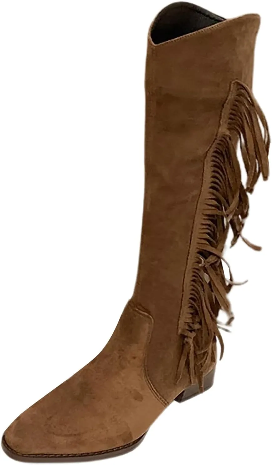 Fringe Western Cowboy Boots for Women Chunky Heel Pointed Toe Pull On Rhinestones Embroidered Tassel Boots Mid Calf Boots