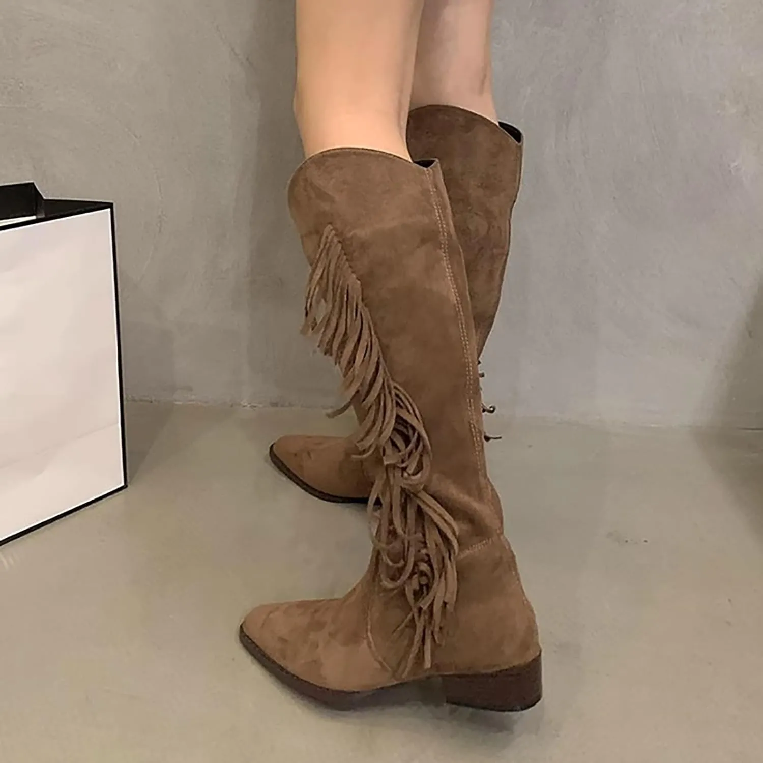 Fringe Western Cowboy Boots for Women Chunky Heel Pointed Toe Pull On Rhinestones Embroidered Tassel Boots Mid Calf Boots