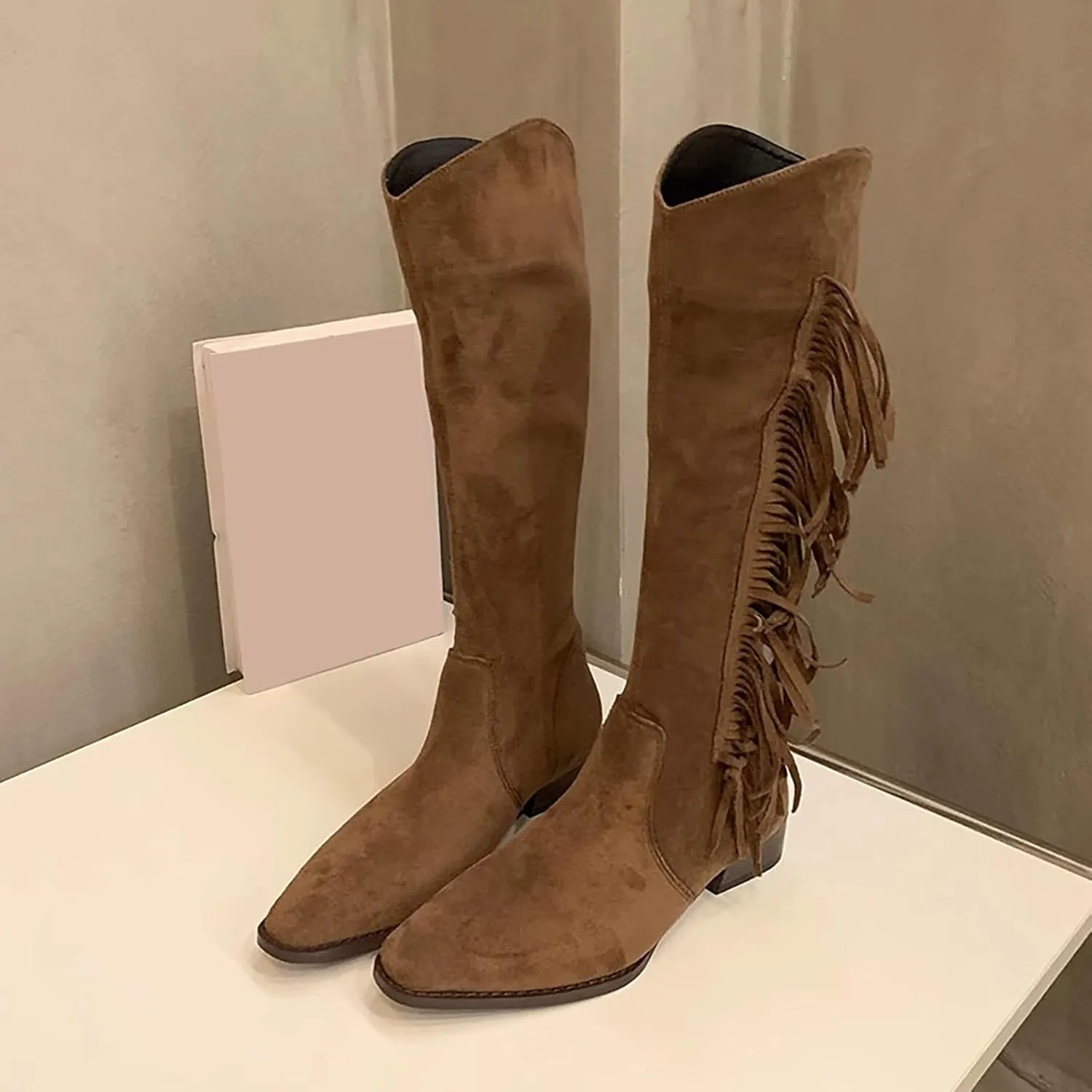 Fringe Western Cowboy Boots for Women Chunky Heel Pointed Toe Pull On Rhinestones Embroidered Tassel Boots Mid Calf Boots
