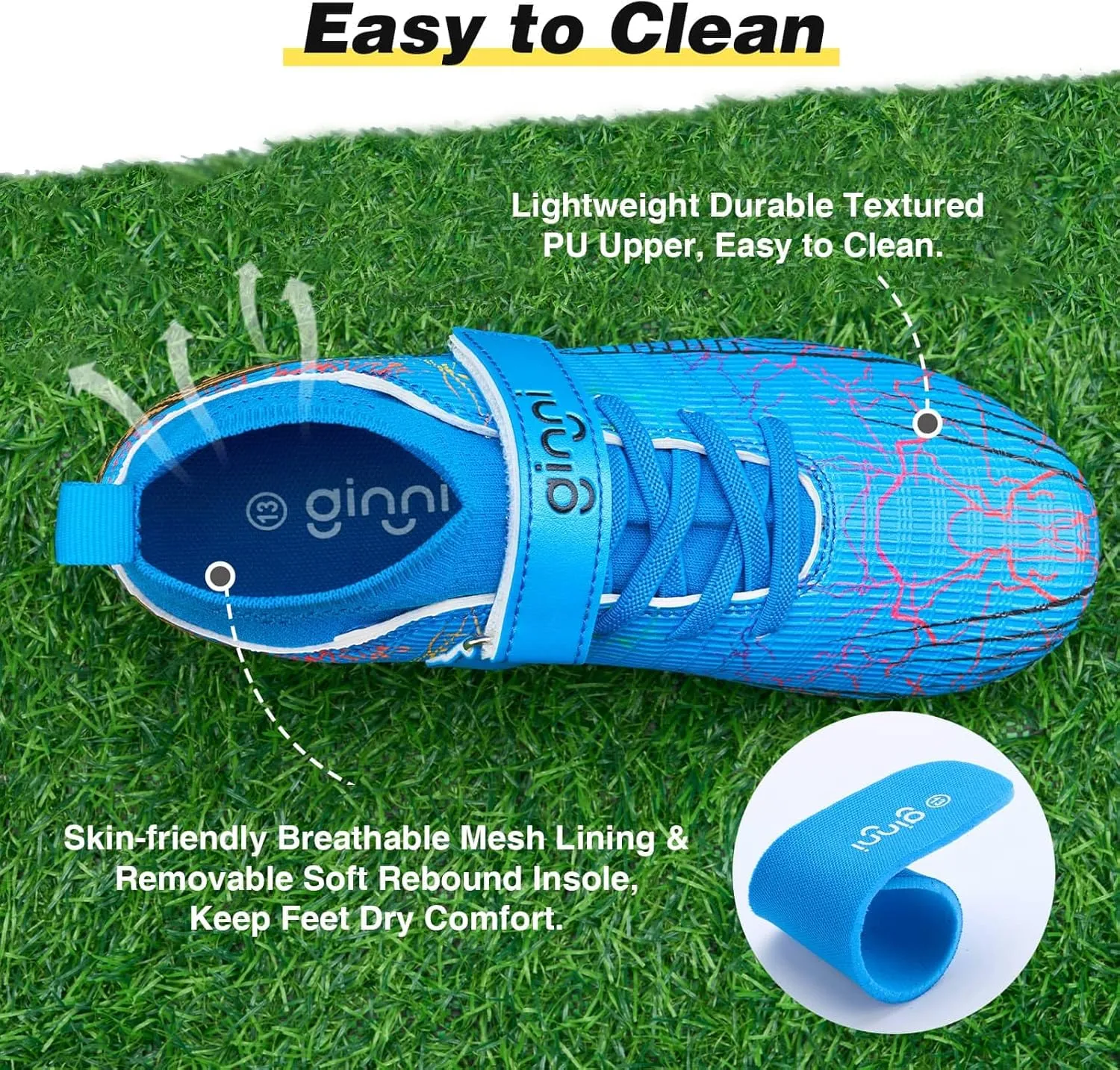 GINNI Kids Firm Ground Soccer Cleats Boys Girls Athletic Soccer Shoes Youth Outdoor Football Cleats Lightweight Breathable FG/AG Baseball Cleats Football Boots Shoes for Toddler/Little Kids/Big Kids