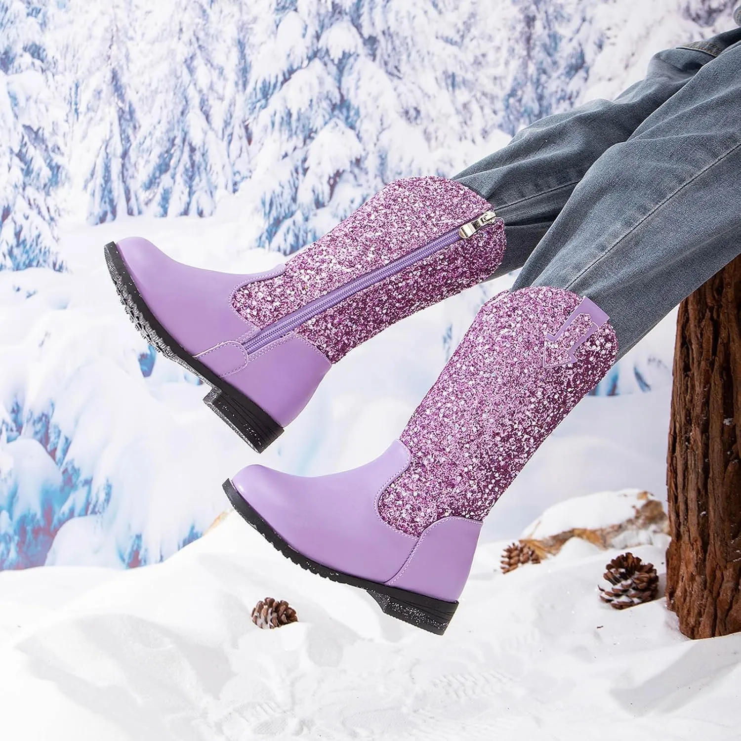 Girls Cowgirl Boots Mid Calf Square Toe Western Boot for Kids Sparkly Glitter Cowboy Boots Toddler Girls Outdoor Shoe