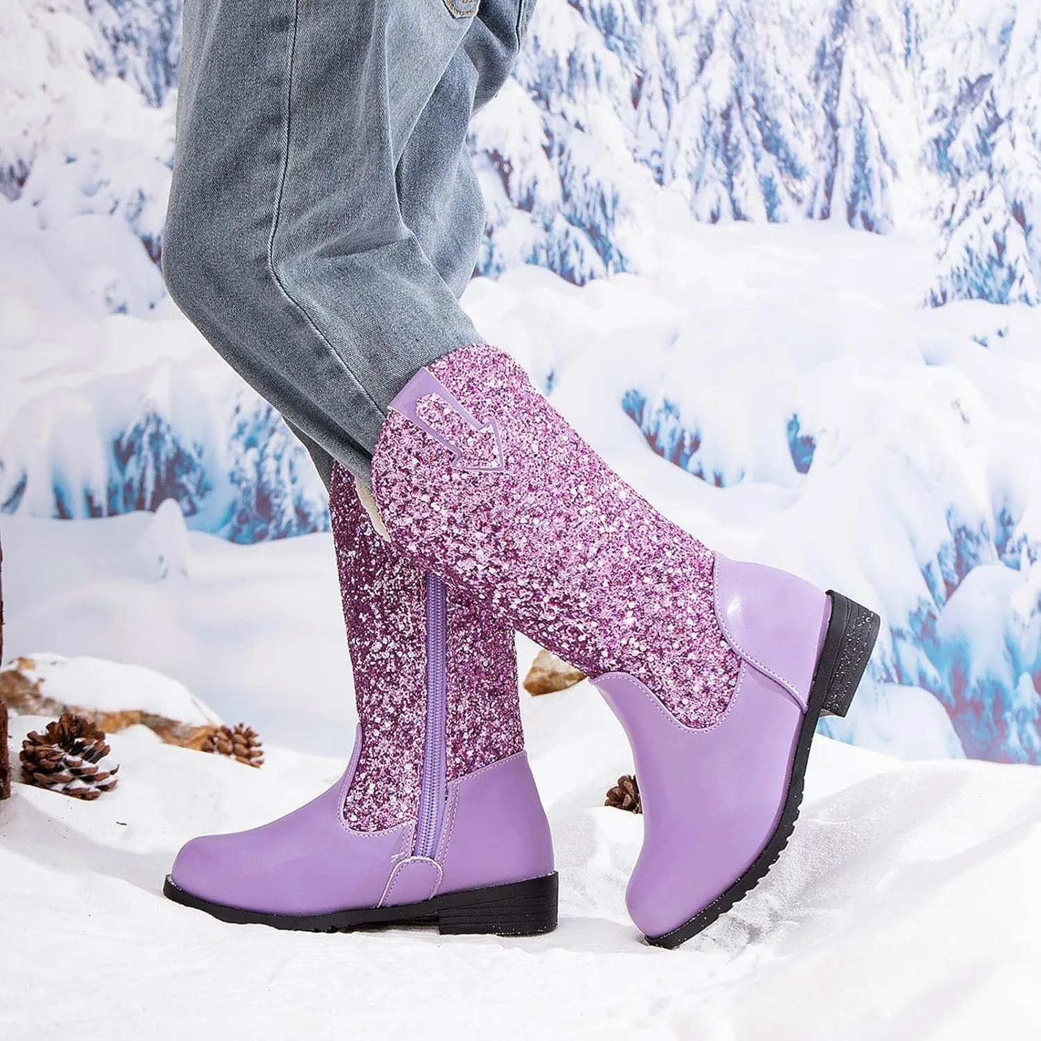Girls Cowgirl Boots Mid Calf Square Toe Western Boot for Kids Sparkly Glitter Cowboy Boots Toddler Girls Outdoor Shoe