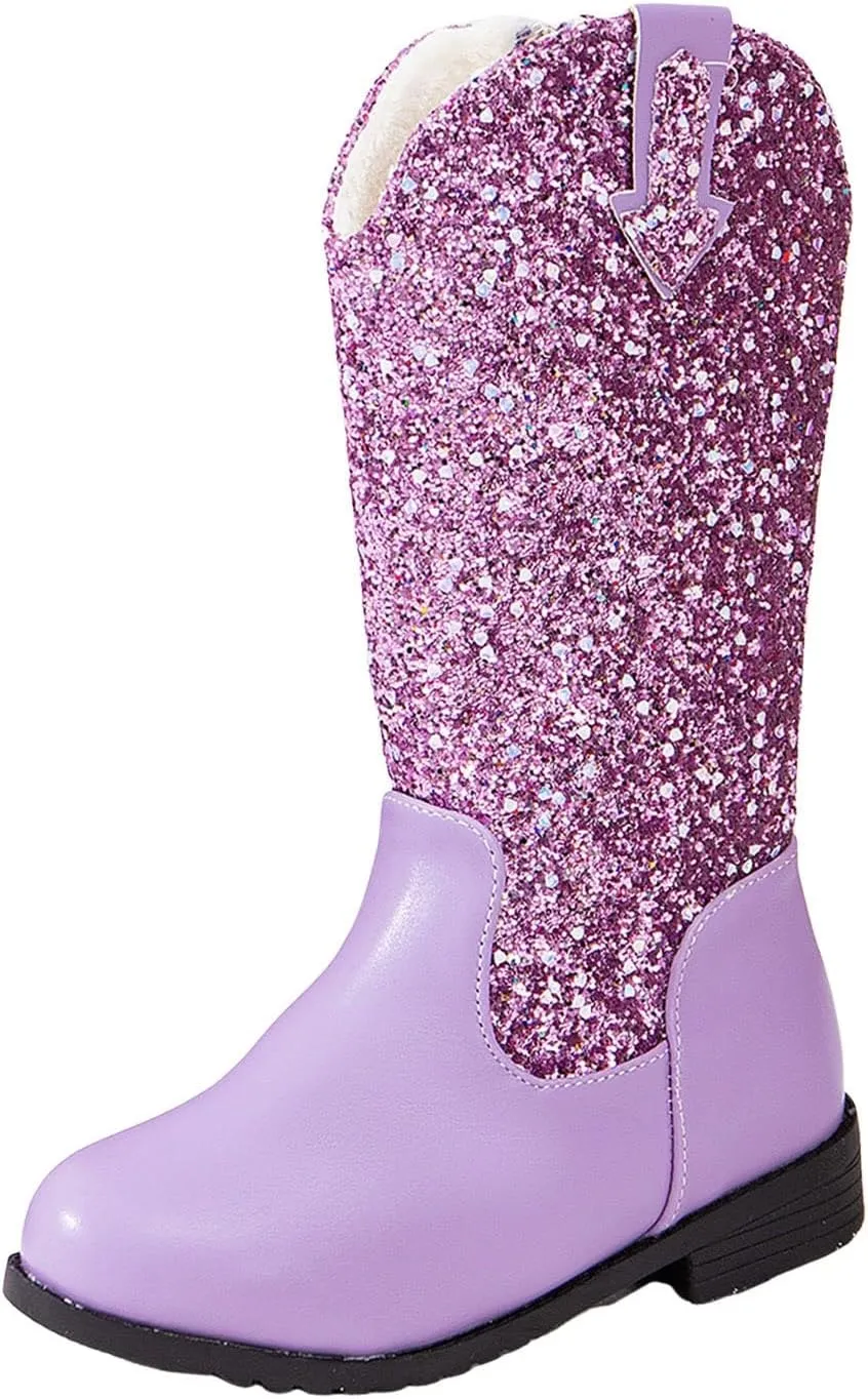 Girls Cowgirl Boots Mid Calf Square Toe Western Boot for Kids Sparkly Glitter Cowboy Boots Toddler Girls Outdoor Shoe