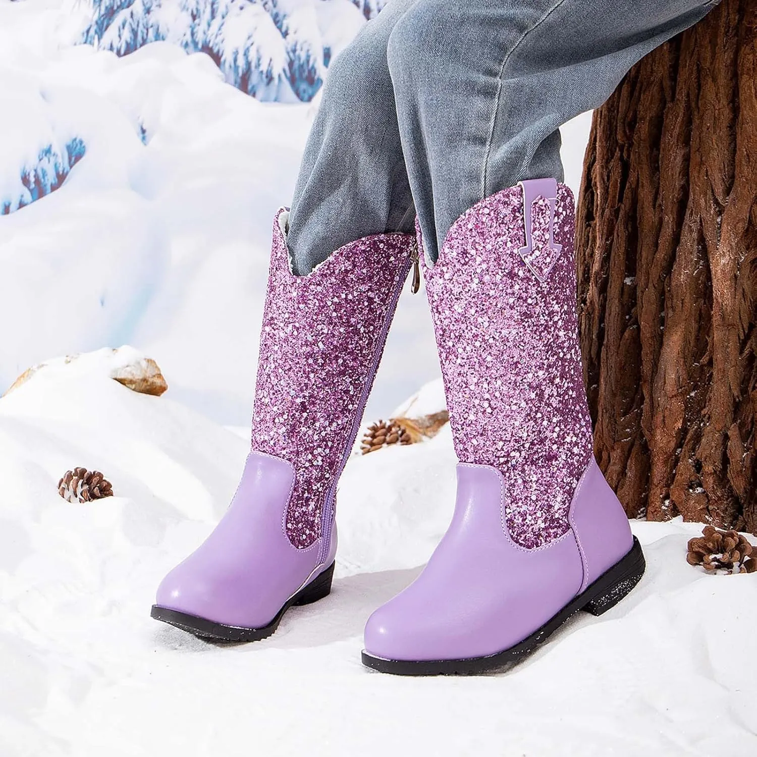Girls Cowgirl Boots Mid Calf Square Toe Western Boot for Kids Sparkly Glitter Cowboy Boots Toddler Girls Outdoor Shoe