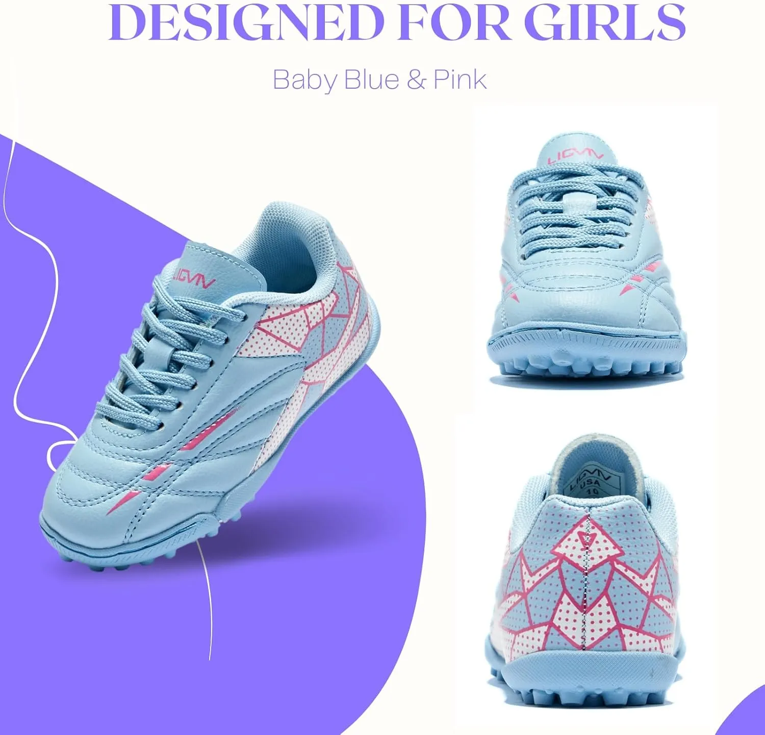 Girls Soccer Cleats for Toddler and Little Kids - Turf Lace Up Soccer Shoes - TF Outsoles for Flat Indoor and Artificial Turf