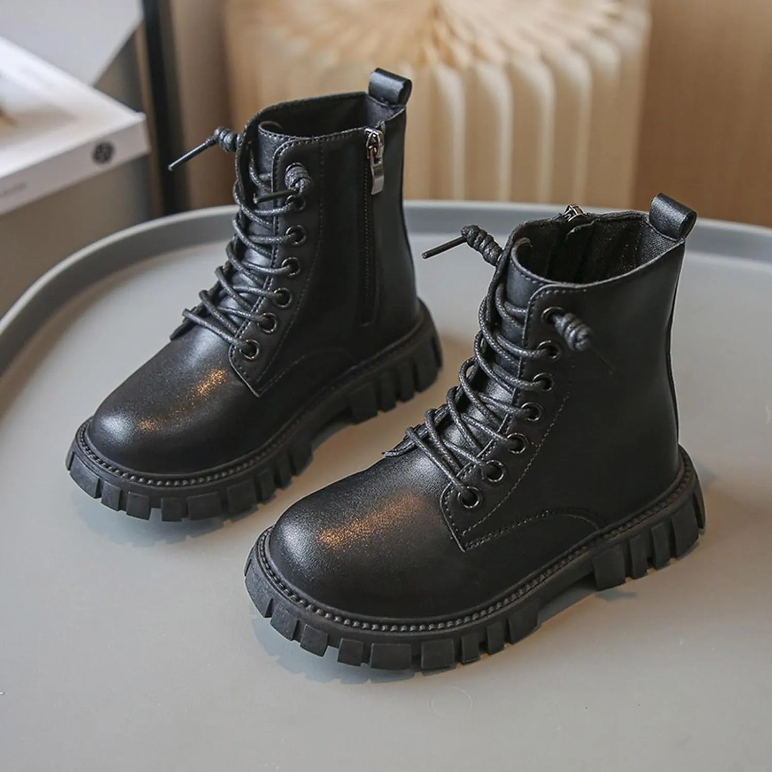 GirlsAnkle Boots Kids Casual Lace Up Hiking Boots Waterproof Leather Combat Boots Soft Sole Outdoor Riding Boots