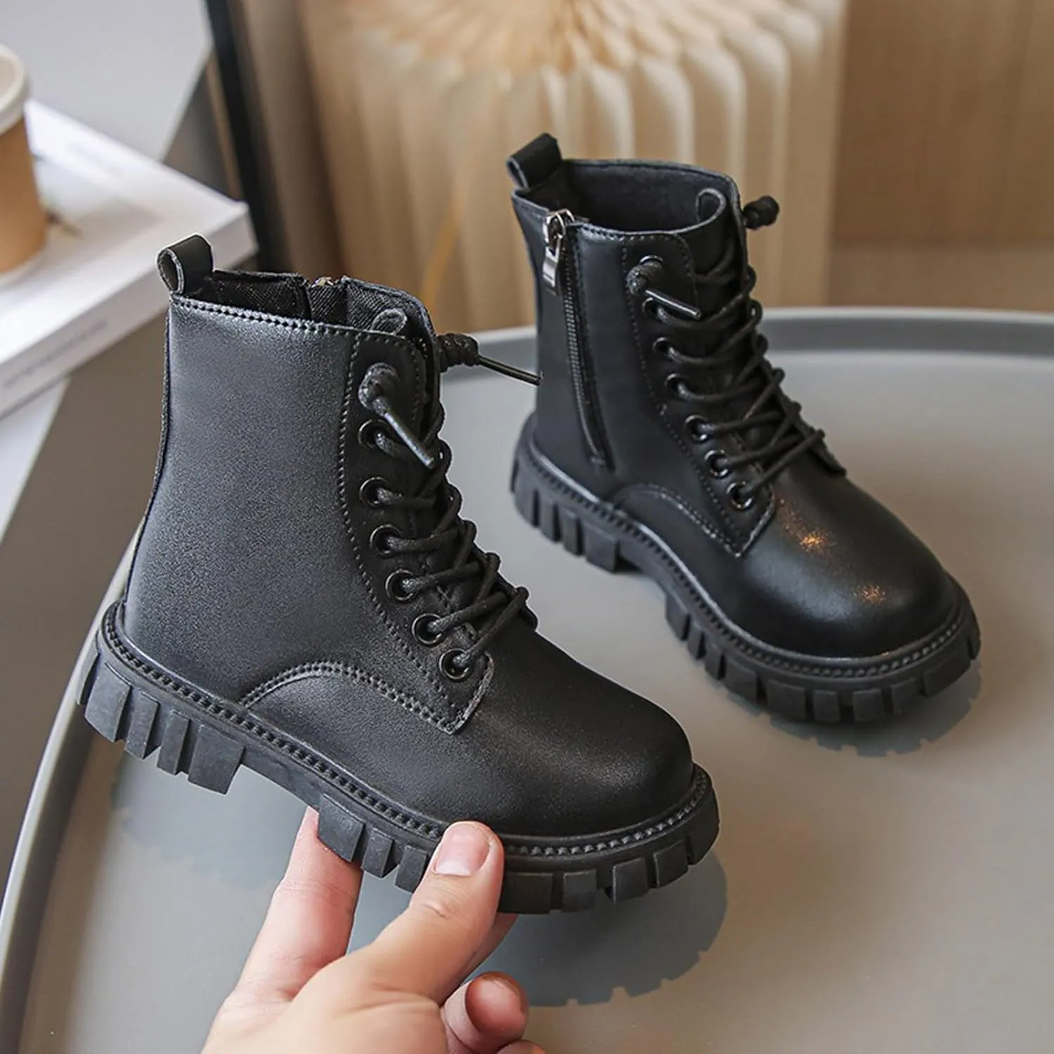 GirlsAnkle Boots Kids Casual Lace Up Hiking Boots Waterproof Leather Combat Boots Soft Sole Outdoor Riding Boots