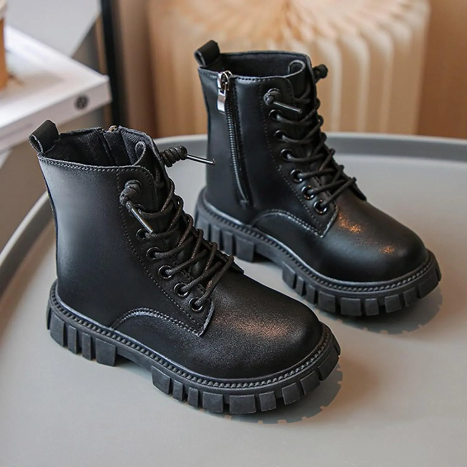 GirlsAnkle Boots Kids Casual Lace Up Hiking Boots Waterproof Leather Combat Boots Soft Sole Outdoor Riding Boots