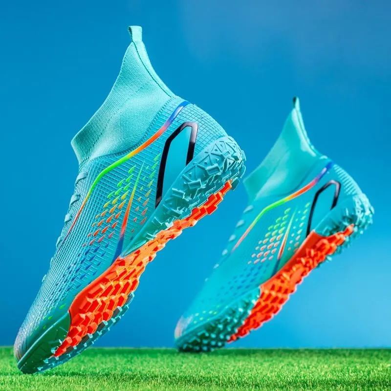 High Top Soccer Cleats, Professional Training Shoes, Non-Slip Rubber Sole, Water Resistant, Breathable Mesh Lining, Turquoise/Orange