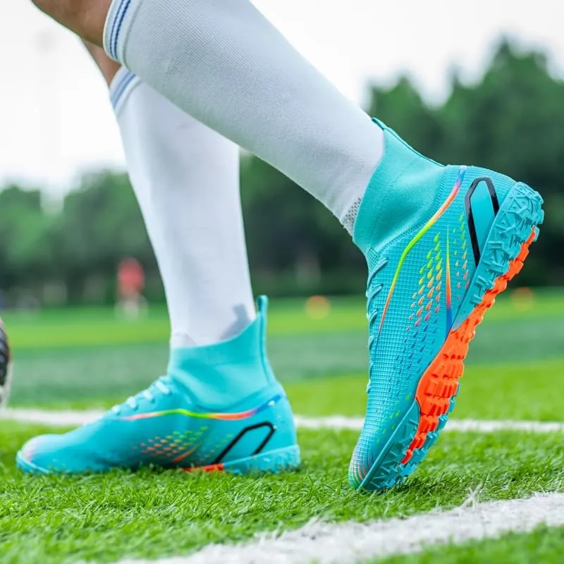 High Top Soccer Cleats, Professional Training Shoes, Non-Slip Rubber Sole, Water Resistant, Breathable Mesh Lining, Turquoise/Orange