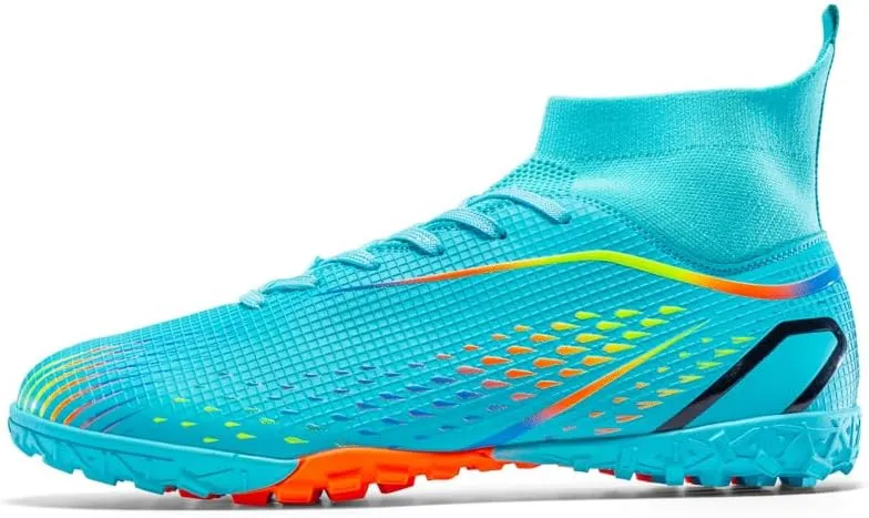 High Top Soccer Cleats, Professional Training Shoes, Non-Slip Rubber Sole, Water Resistant, Breathable Mesh Lining, Turquoise/Orange
